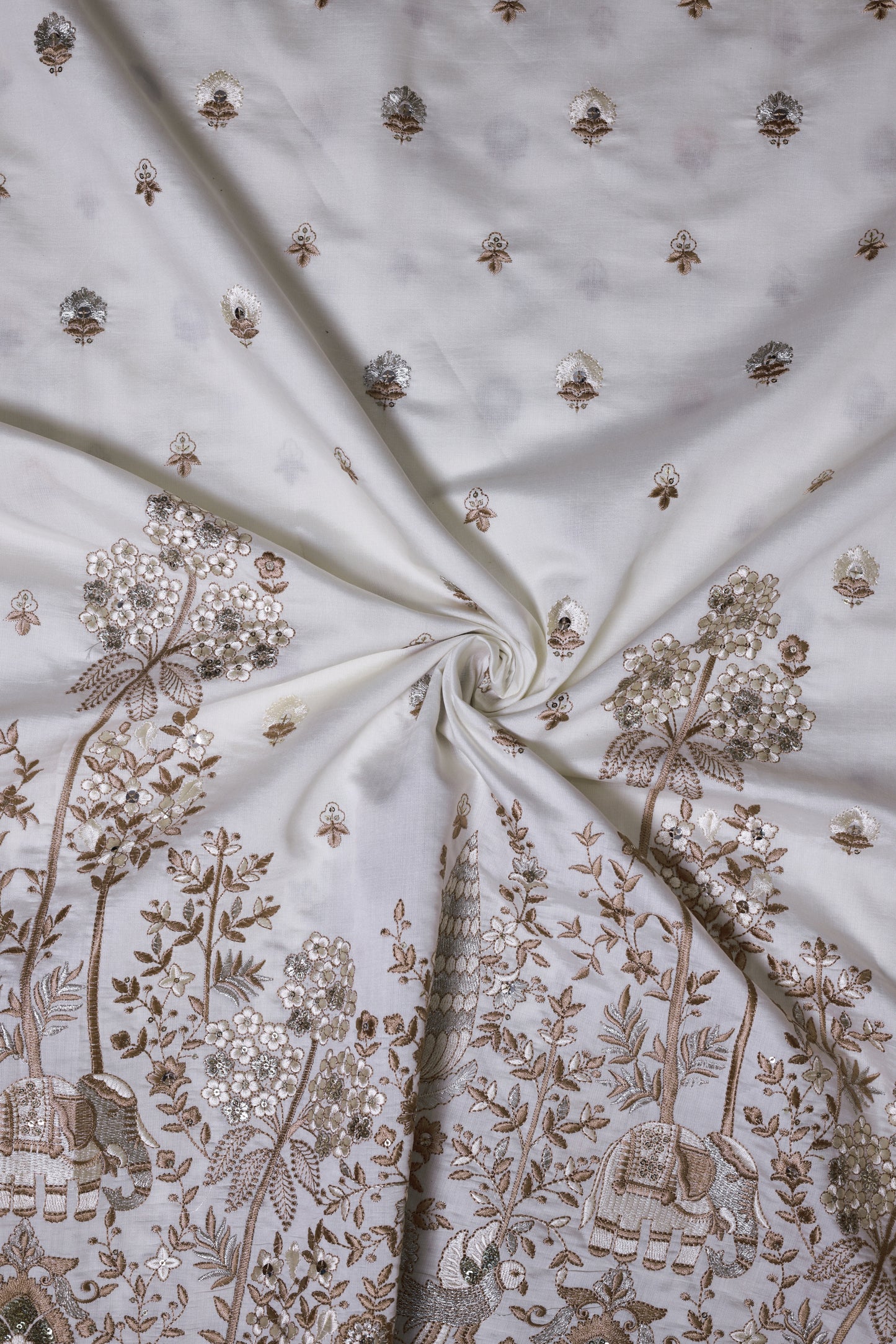 Elephant & Floral Embroidery with Nature Motifs In Viscose Silk