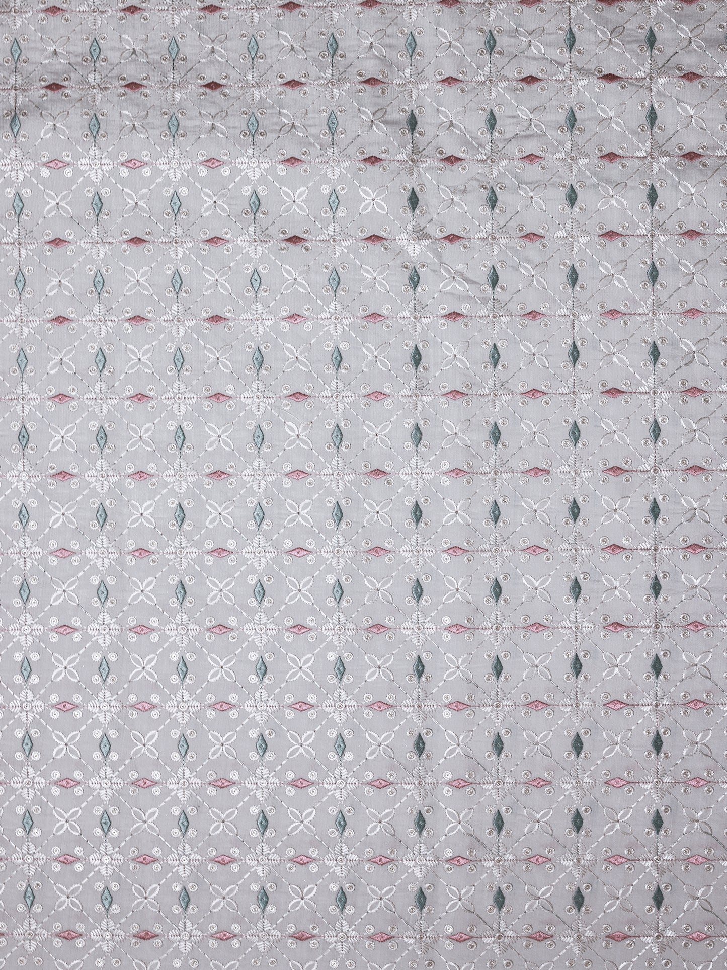 Pastel Floral Embroidered Cotton Fabric – Soft Grey Base with Pink & Green Accents