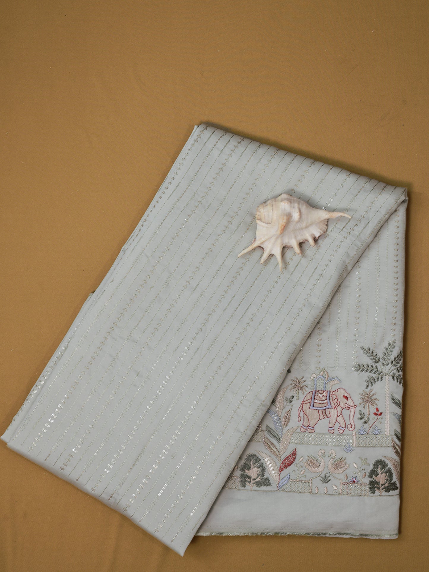 White Embroidered Fabric with Elephant & Nature Motif Premium Ethnic Design