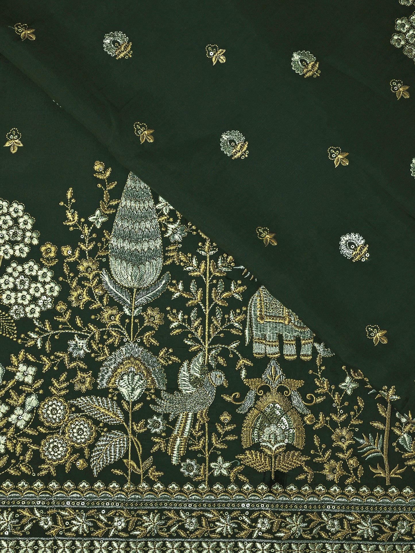 Elephant & Floral Embroidery with Nature Motifs In Viscose Silk