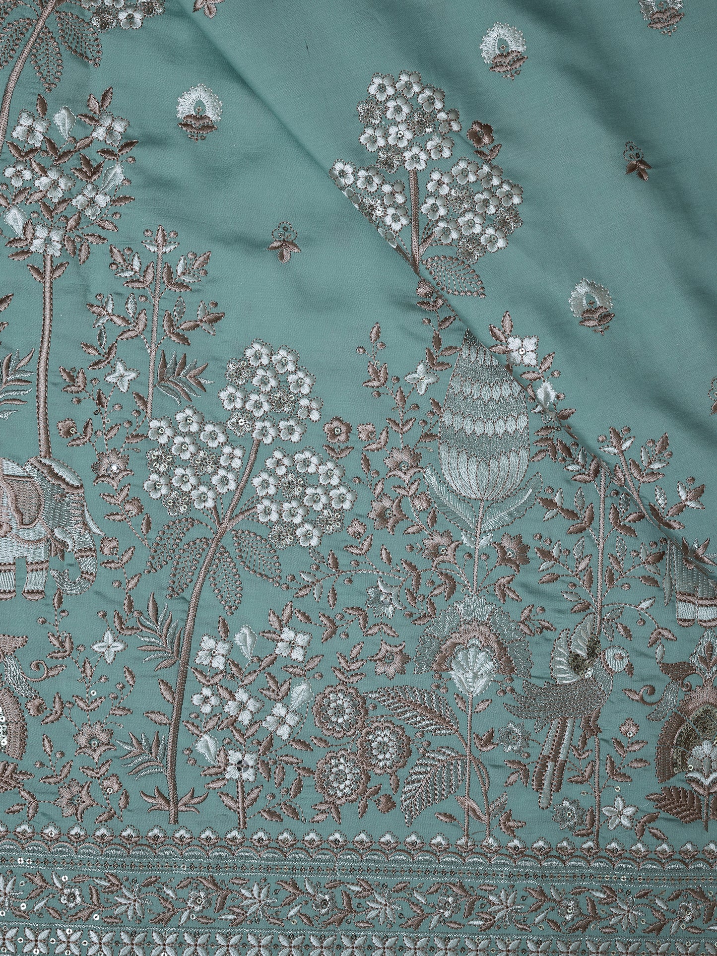 Elephant & Floral Embroidery with Nature Motifs In Viscose Silk