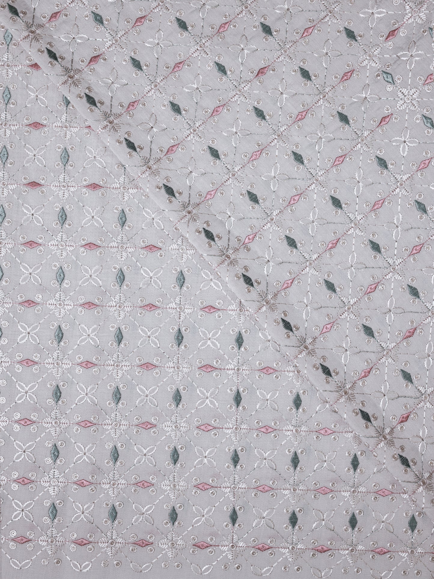 Pastel Floral Embroidered Cotton Fabric – Soft Grey Base with Pink & Green Accents