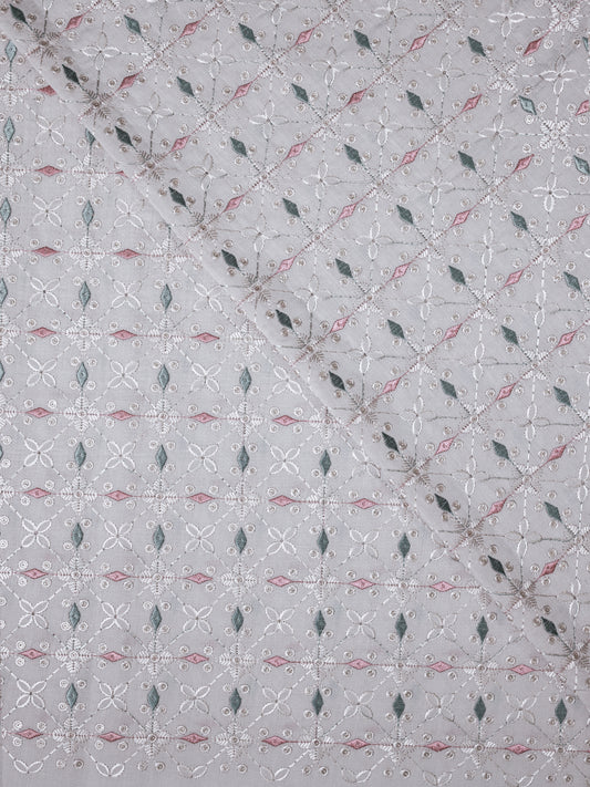 Pastel Floral Embroidered Cotton Fabric – Soft Grey Base with Pink & Green Accents