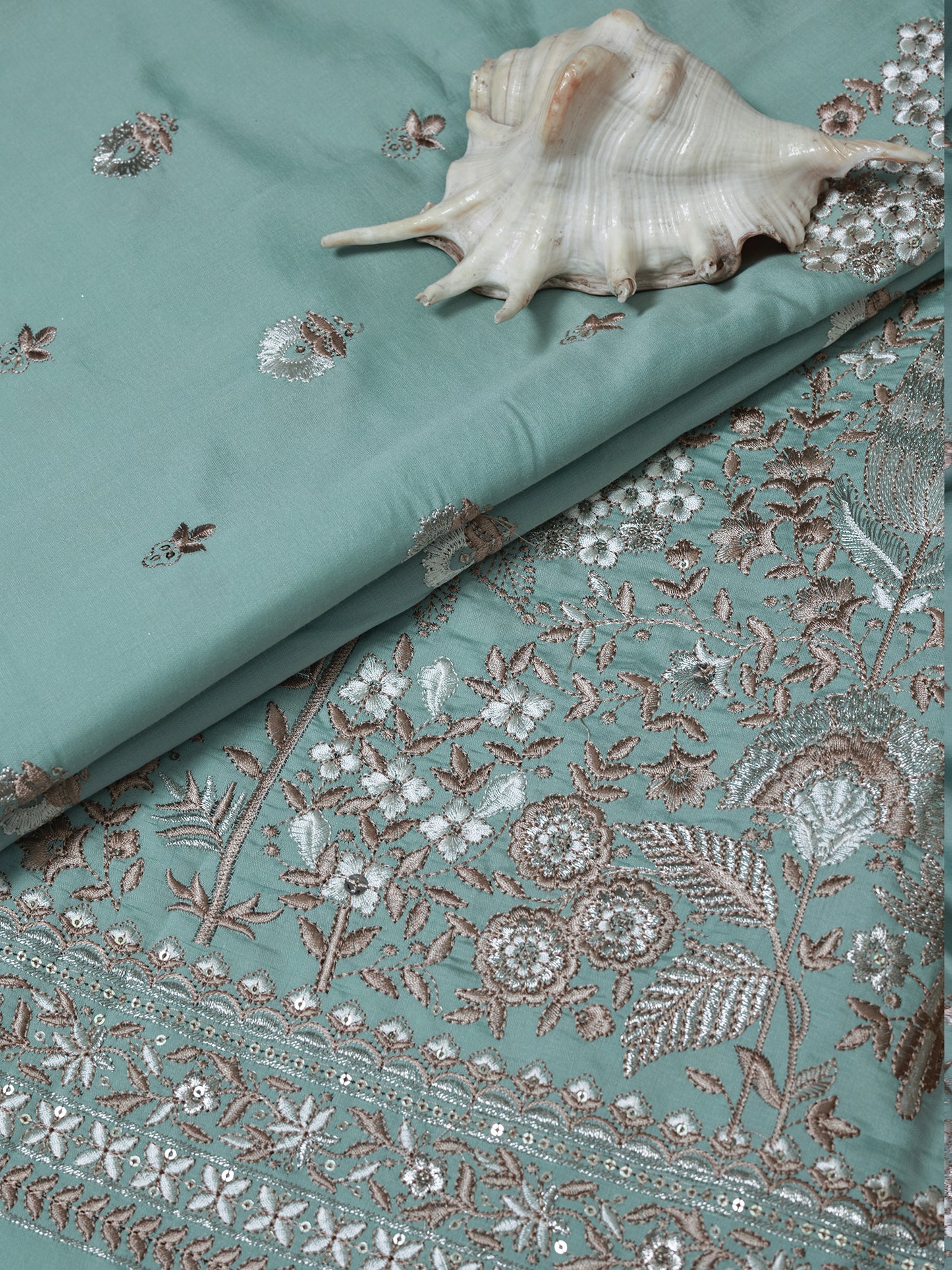 Elephant & Floral Embroidery with Nature Motifs In Viscose Silk