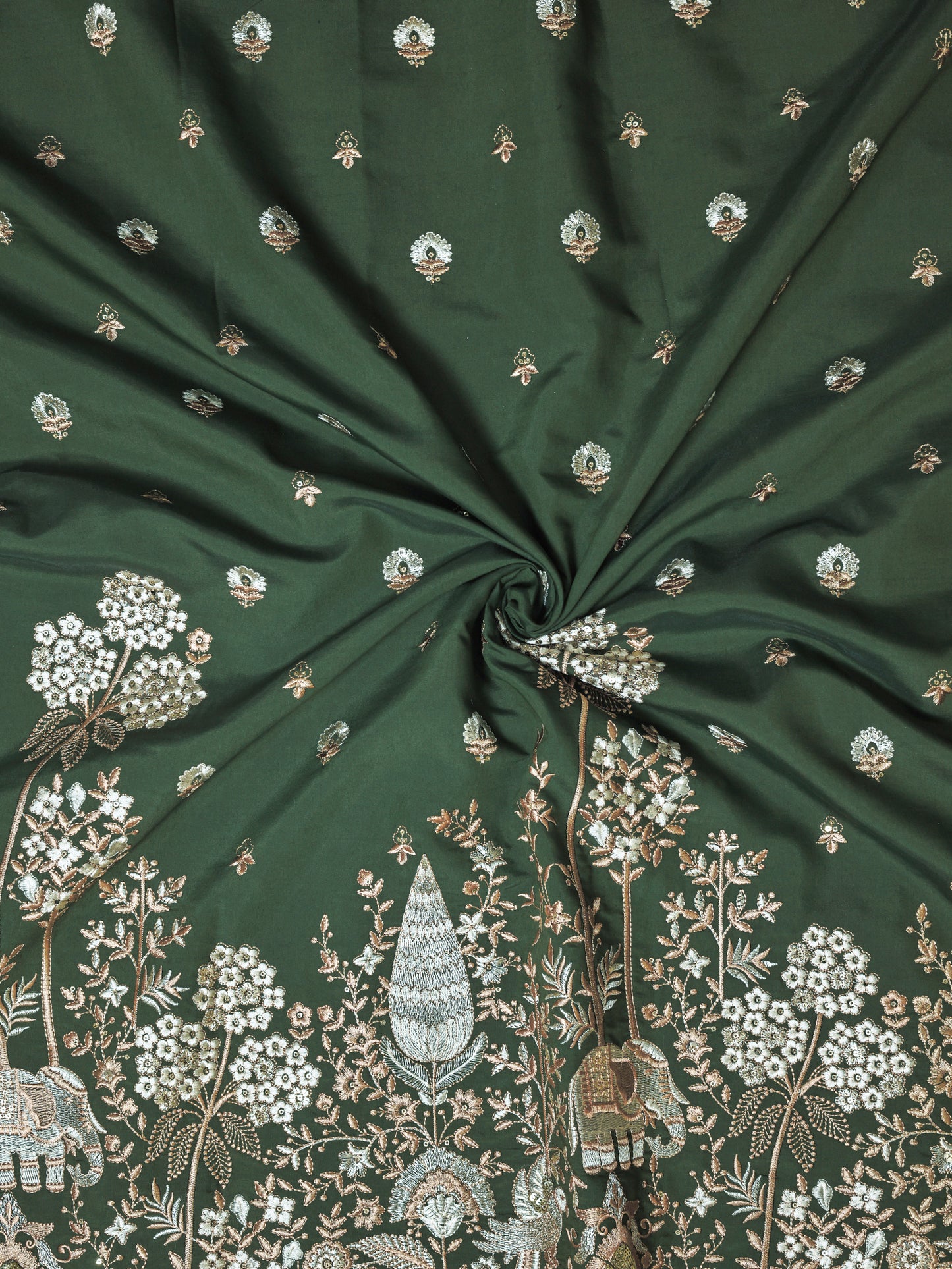 Elephant & Floral Embroidery with Nature Motifs In Viscose Silk