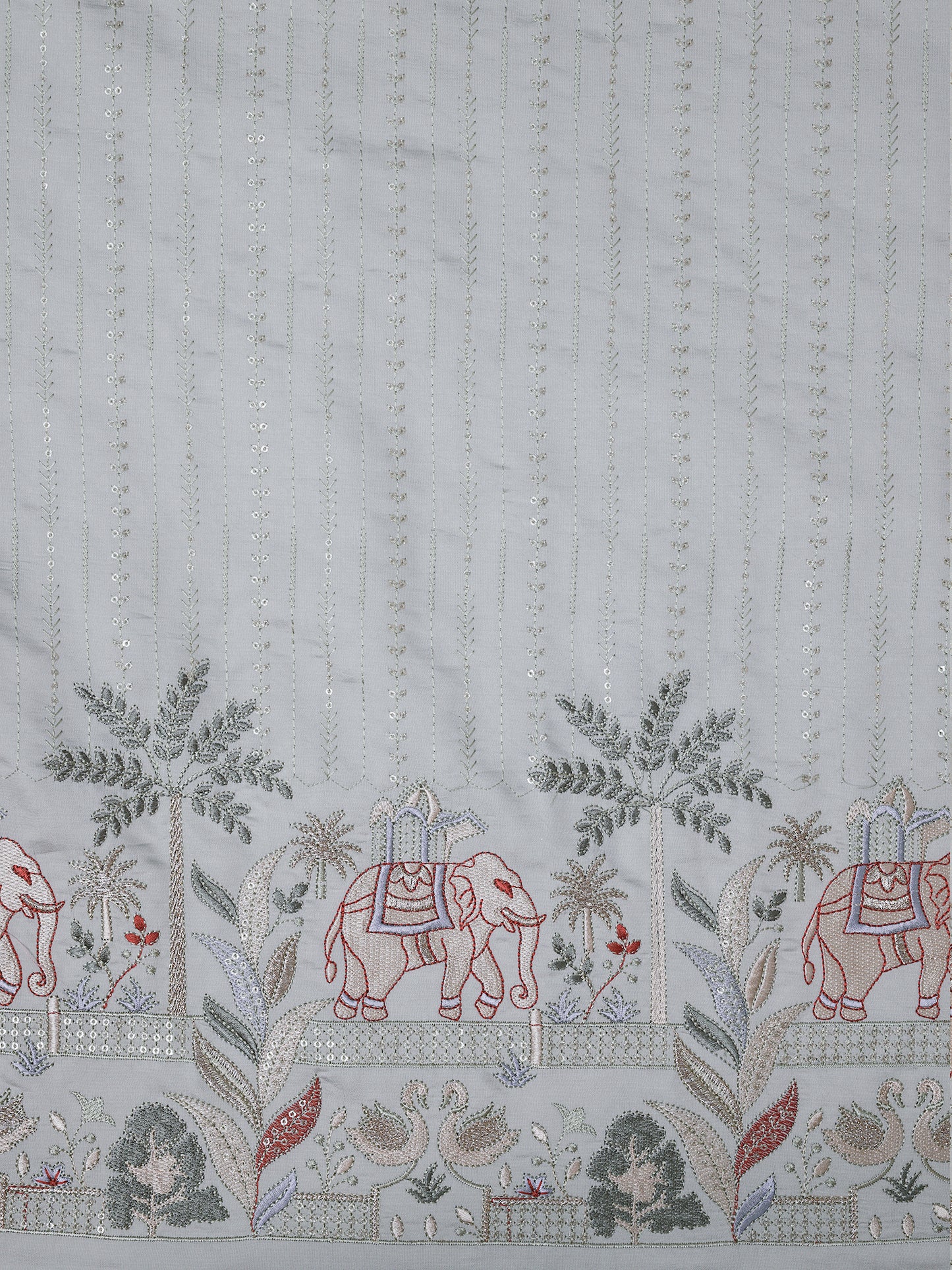 White Embroidered Fabric with Elephant & Nature Motif Premium Ethnic Design