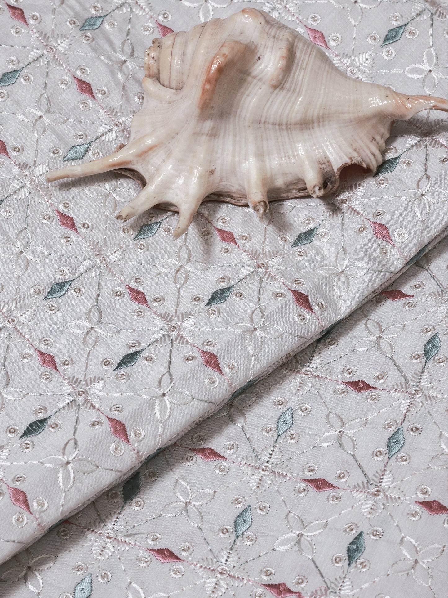Pastel Floral Embroidered Cotton Fabric – Soft Grey Base with Pink & Green Accents