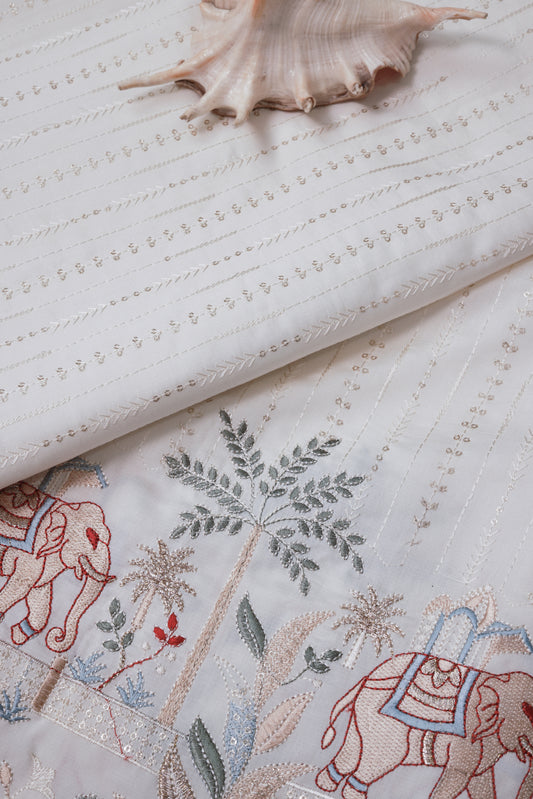 White Embroidered Fabric with Elephant & Nature Motif Premium Ethnic Design