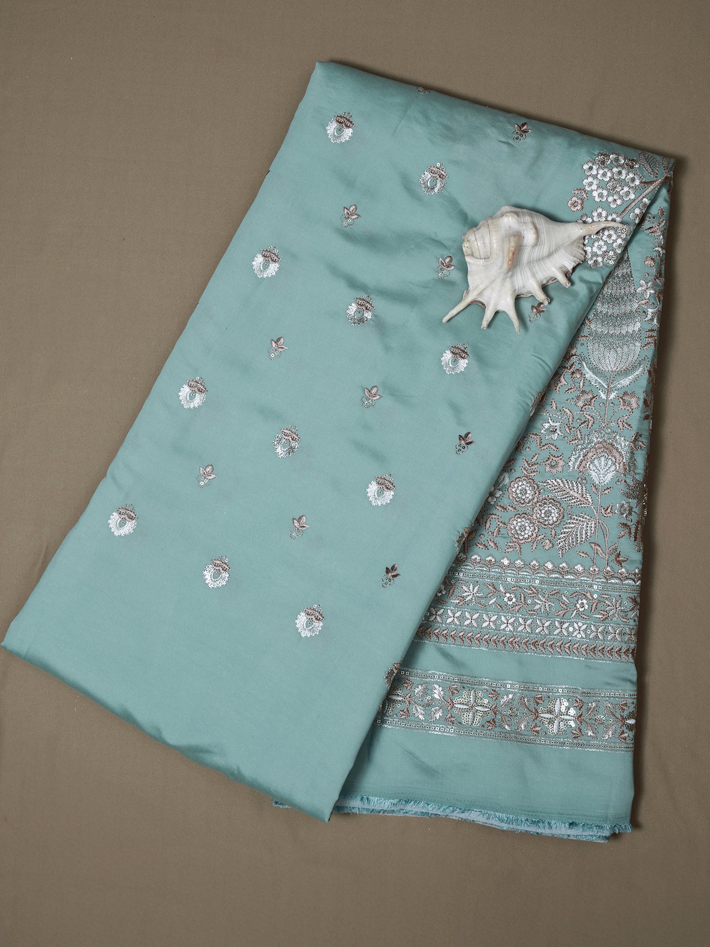 Elephant & Floral Embroidery with Nature Motifs In Viscose Silk