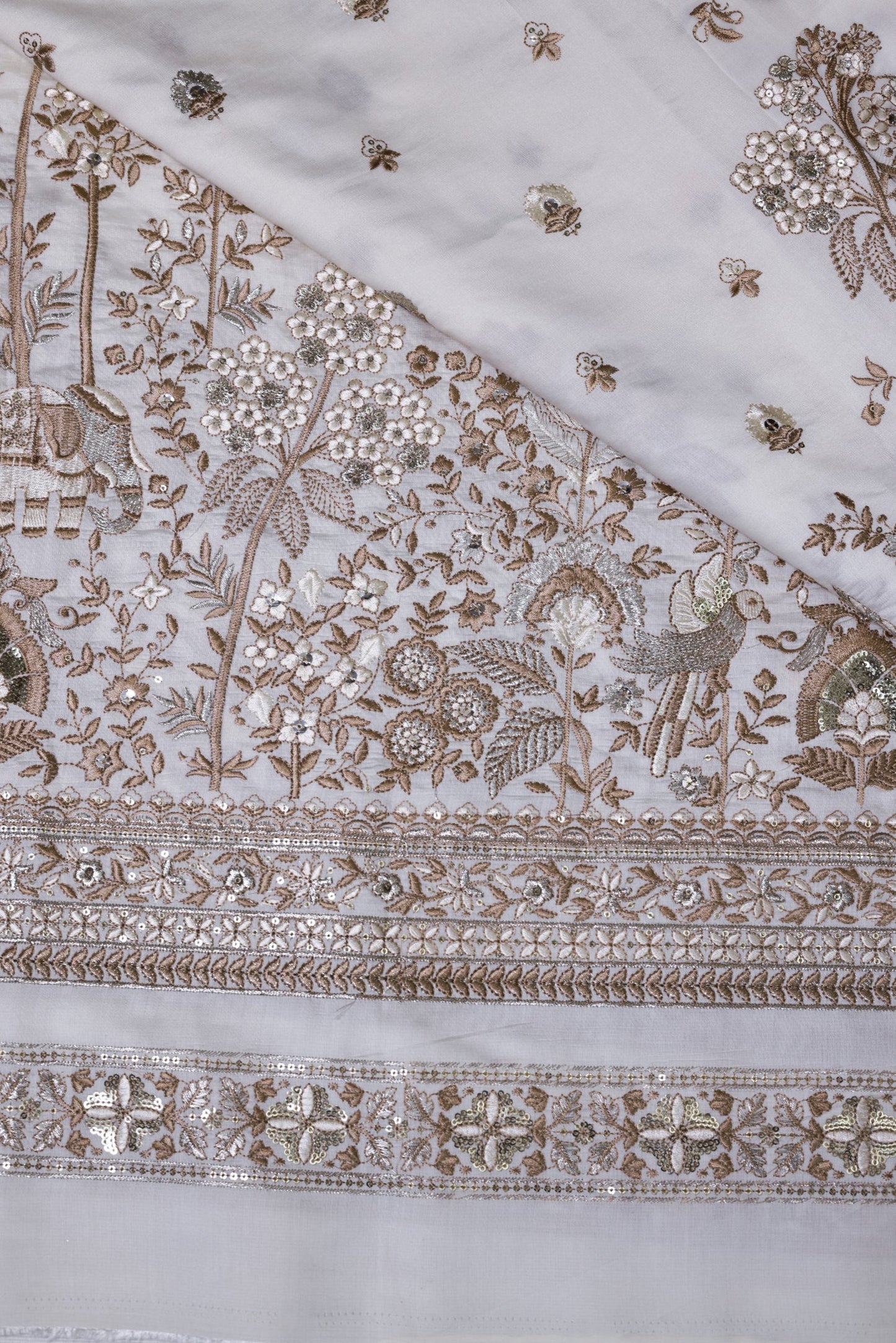 Elephant & Floral Embroidery with Nature Motifs In Viscose Silk