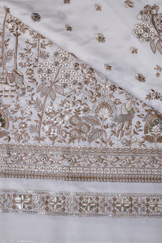 Elephant & Floral Embroidery with Nature Motifs In Viscose Silk