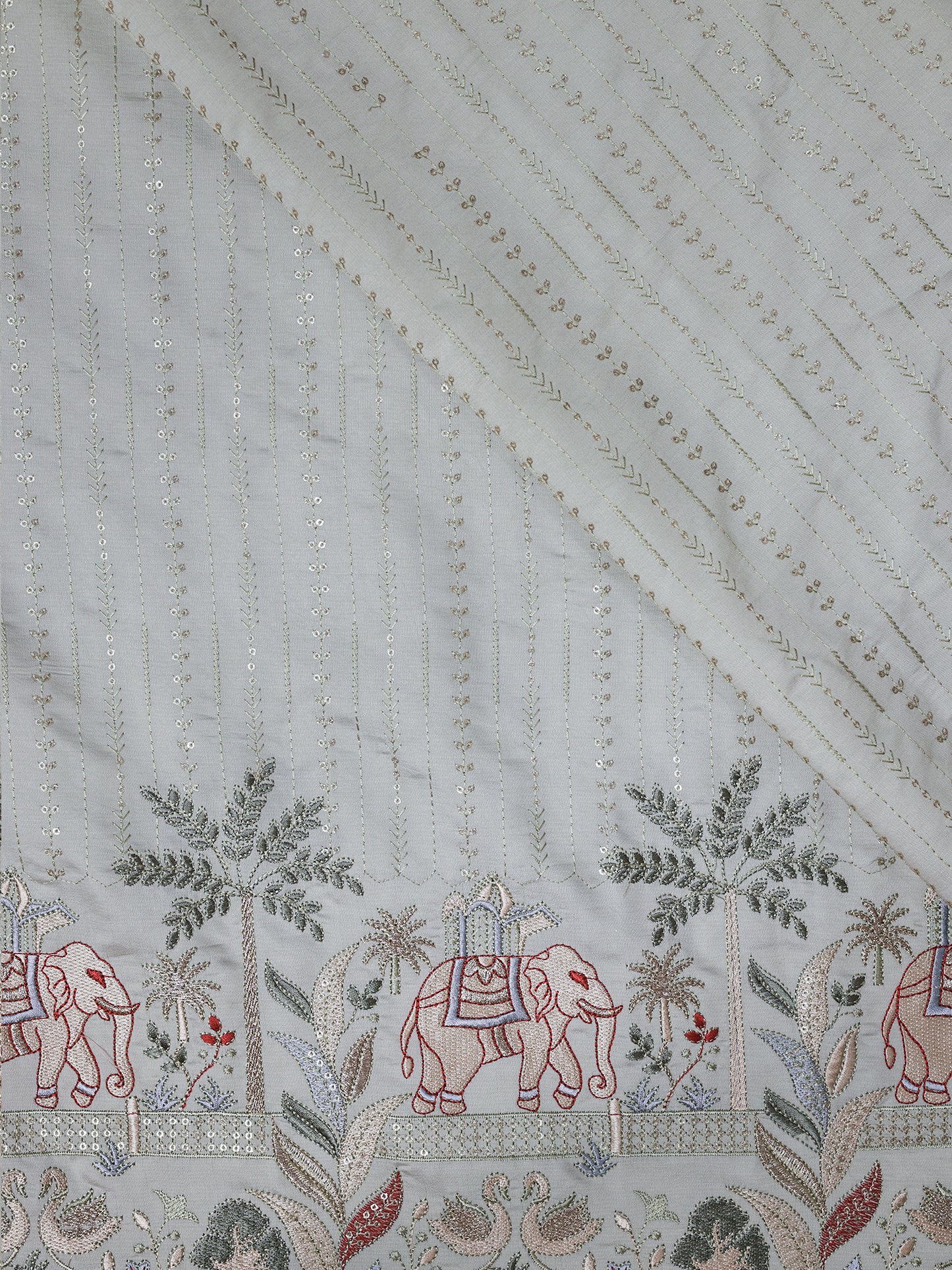 White Embroidered Fabric with Elephant & Nature Motif Premium Ethnic Design