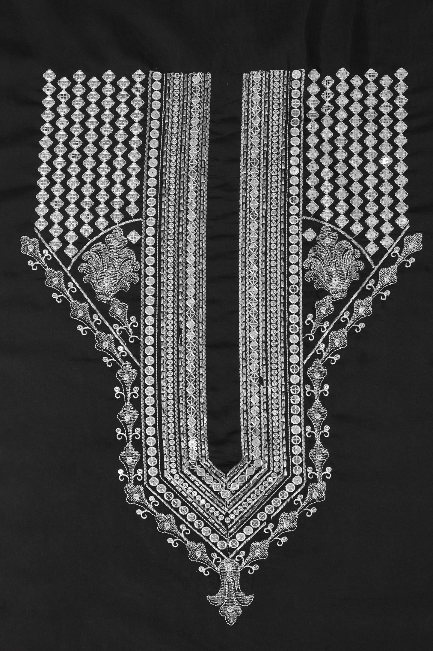 Thread & Sequin Neck Panel on Roman Silk