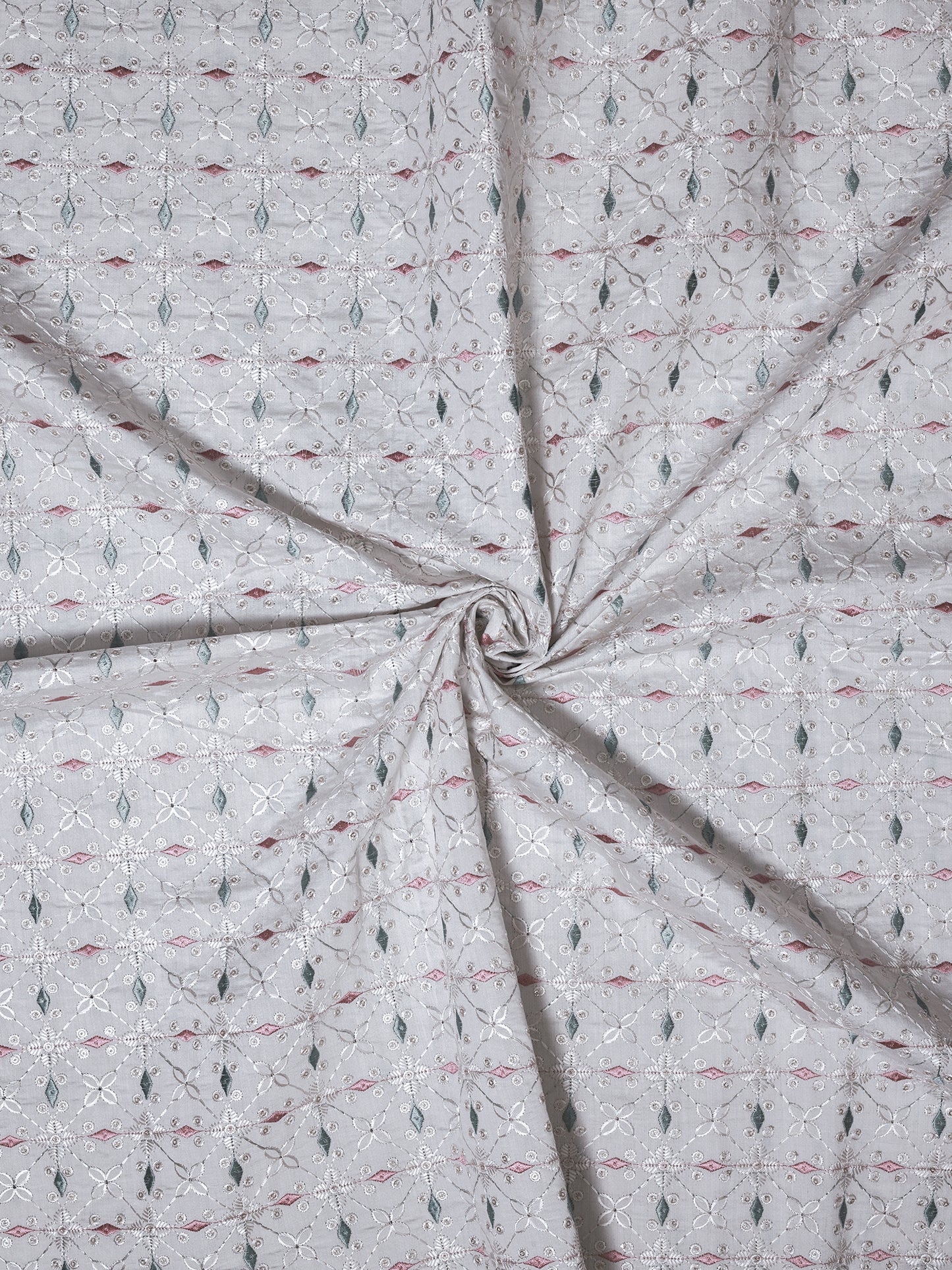 Pastel Floral Embroidered Cotton Fabric – Soft Grey Base with Pink & Green Accents