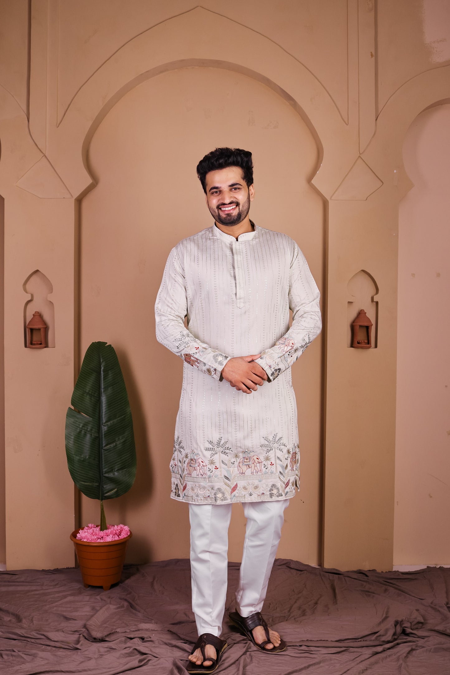 Ivory Kurta with Zari and Elephant Motifs