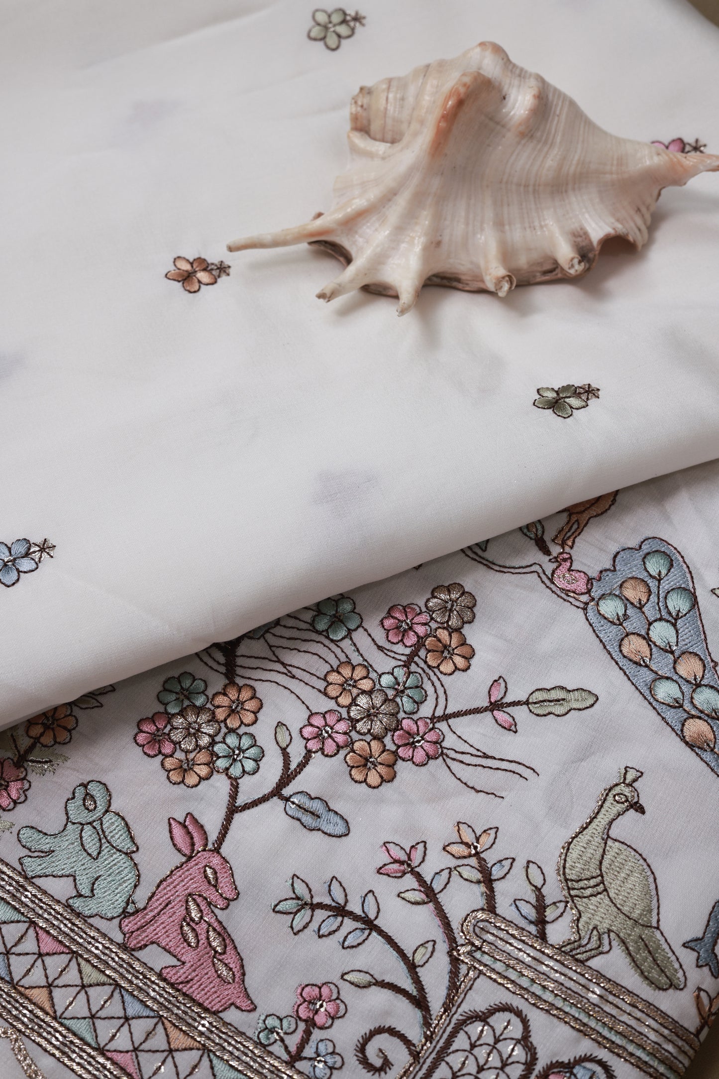 Embroidered Fabric with Floral and Animal Motif Detailing