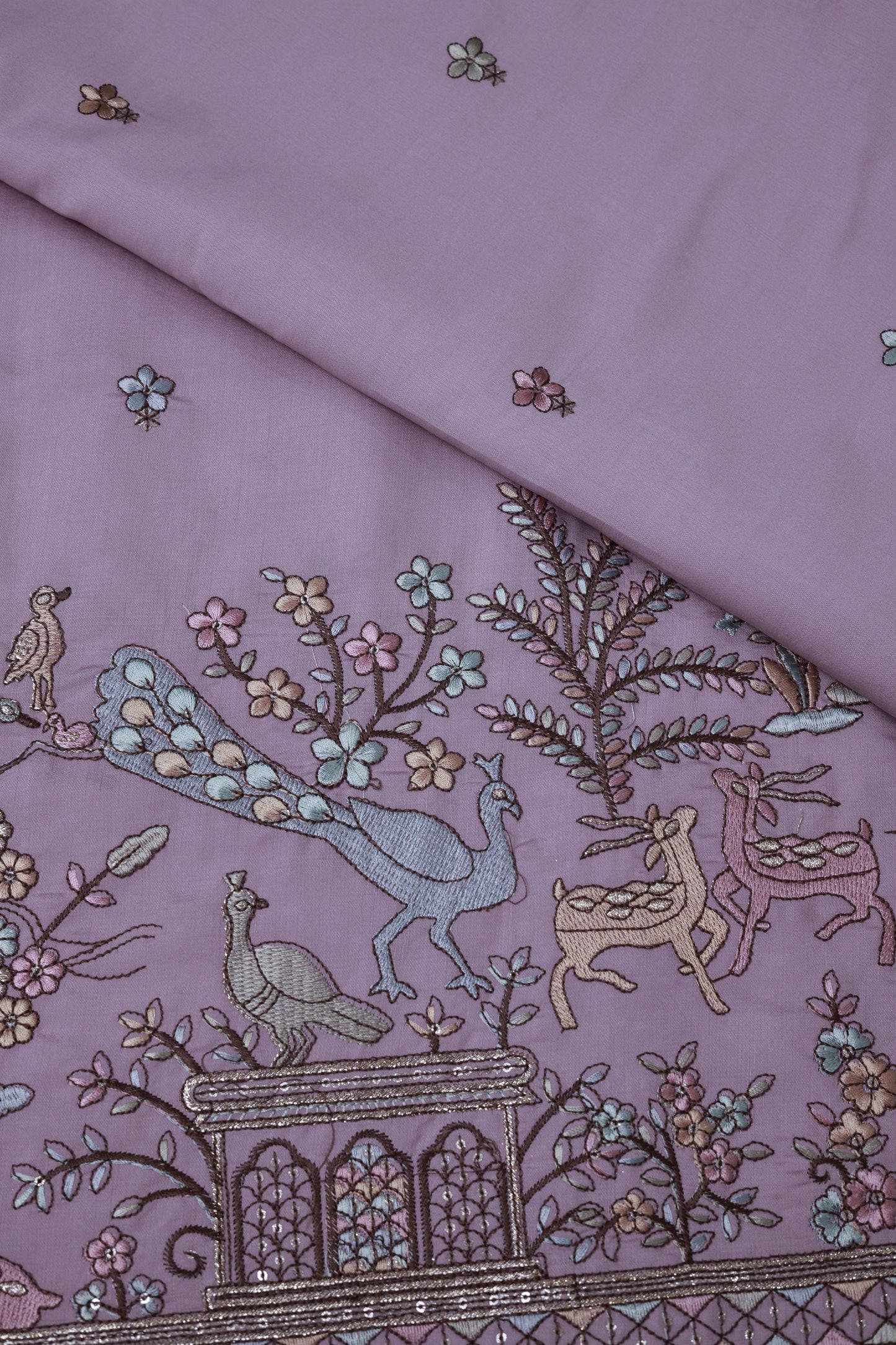 Embroidered Fabric with Floral and Animal Motif Detailing