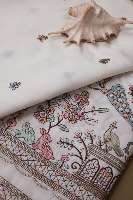 Embroidered Fabric with Floral and Animal Motif Detailing