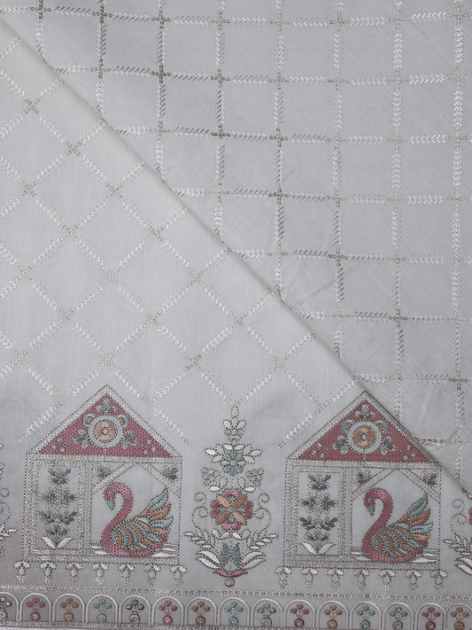 Embroidered Fabric with Swan and Floral Motifs