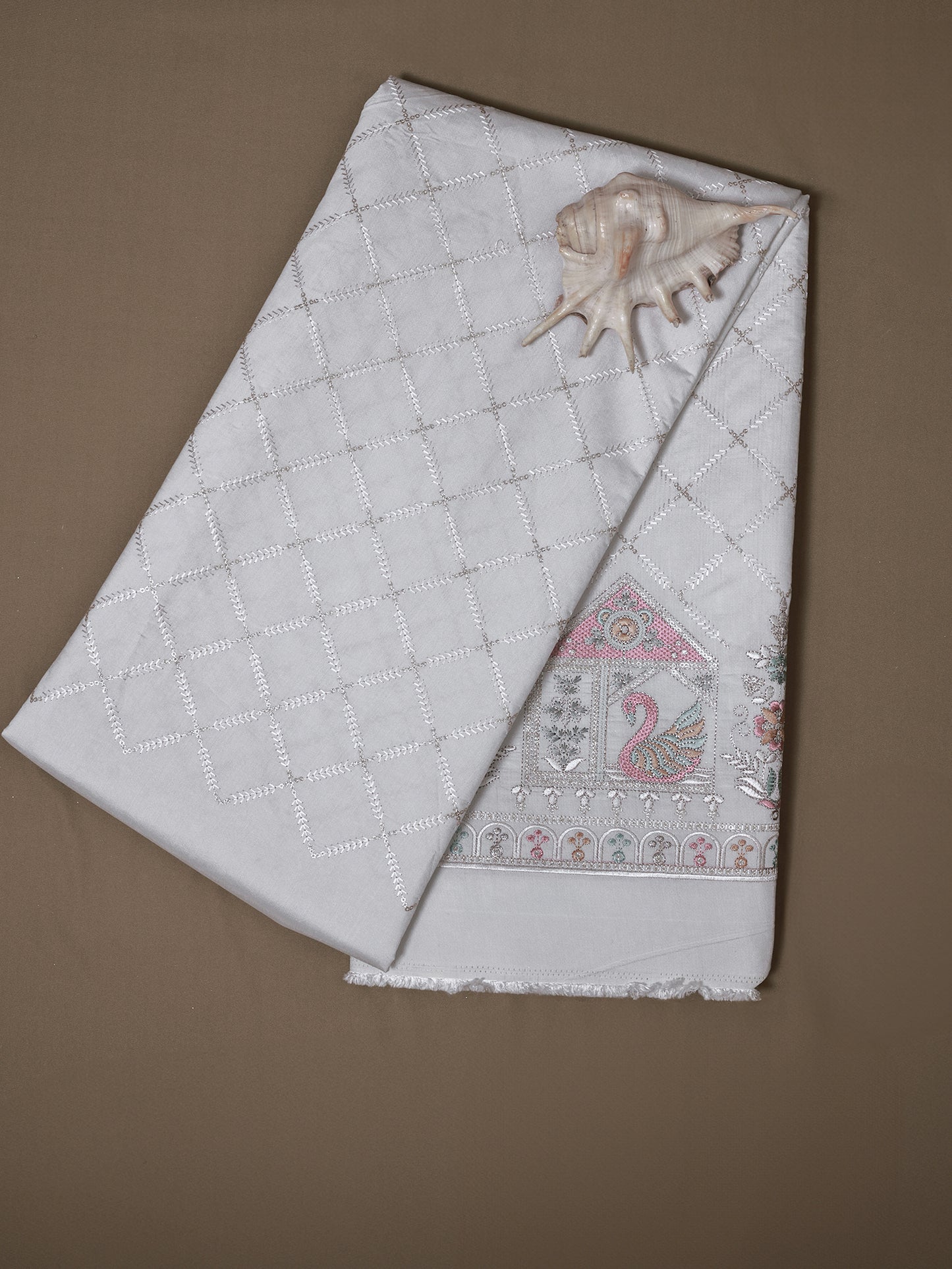 Embroidered Fabric with Swan and Floral Motifs