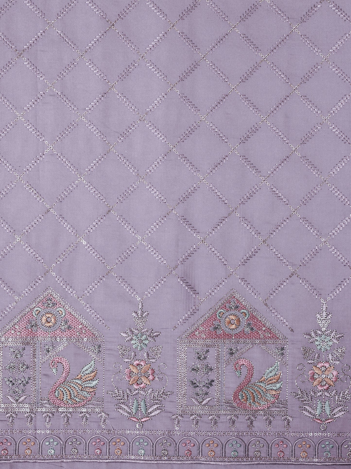 Embroidered Fabric with Swan and Floral Motifs