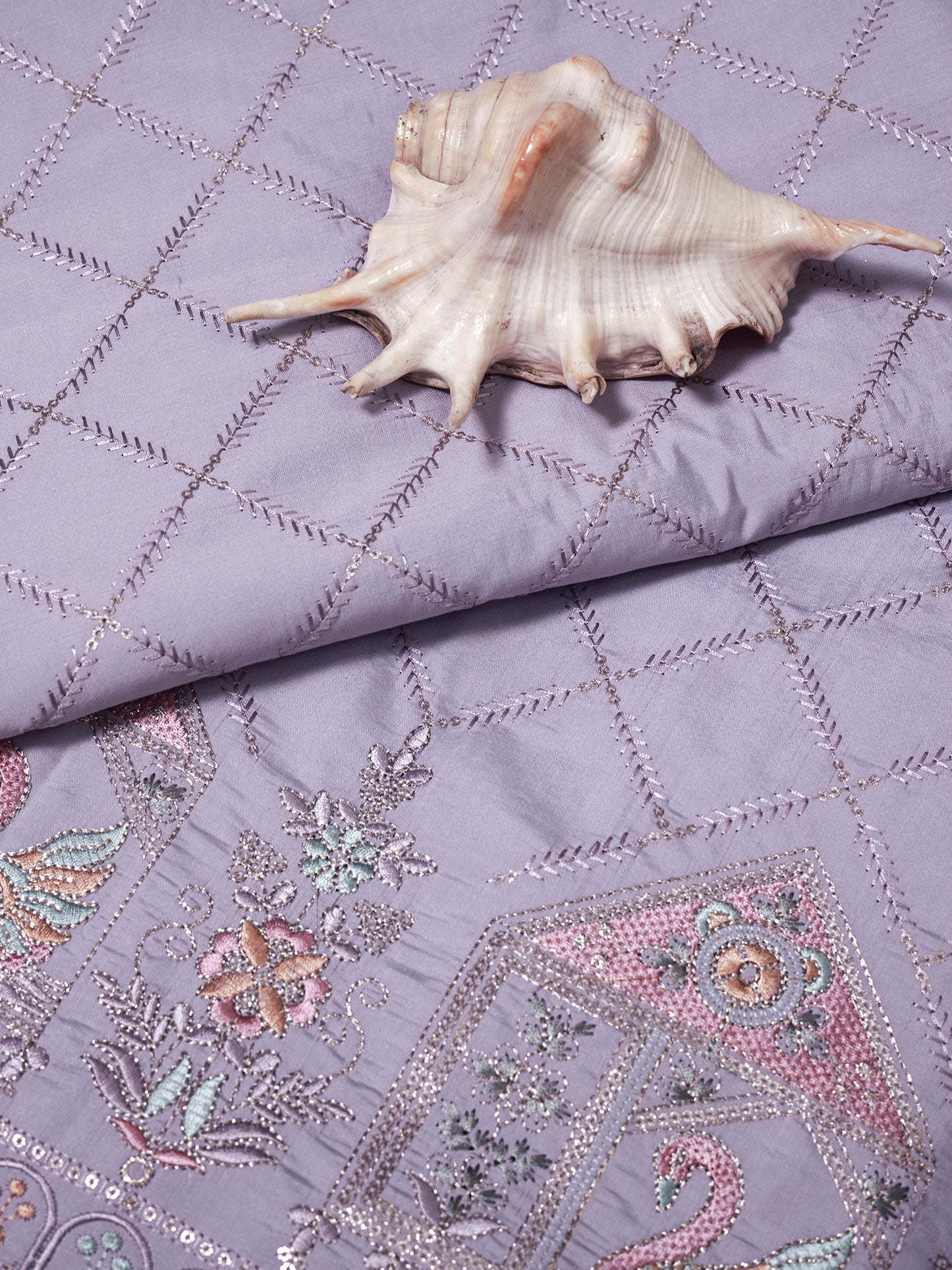 Embroidered Fabric with Swan and Floral Motifs