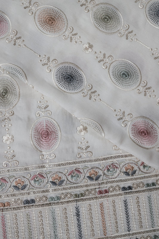Embroidered Fabric with Circular and Floral Motifs