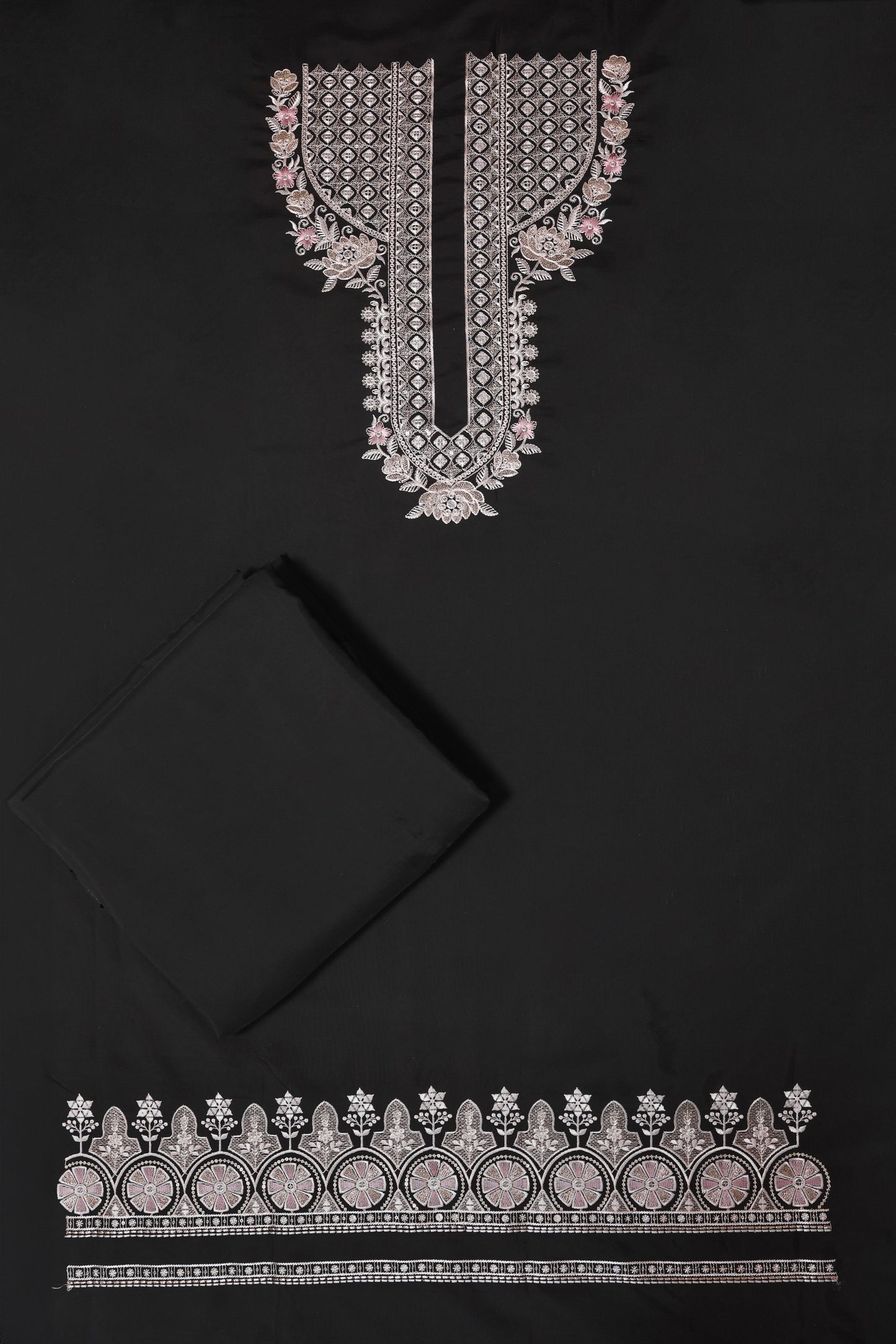 Unstitched Suit with Intricate White & Pink Thread Embroidery – Elegant Neck & Border Design