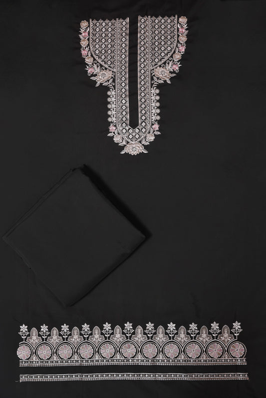 Unstitched Suit with Intricate White & Pink Thread Embroidery – Elegant Neck & Border Design