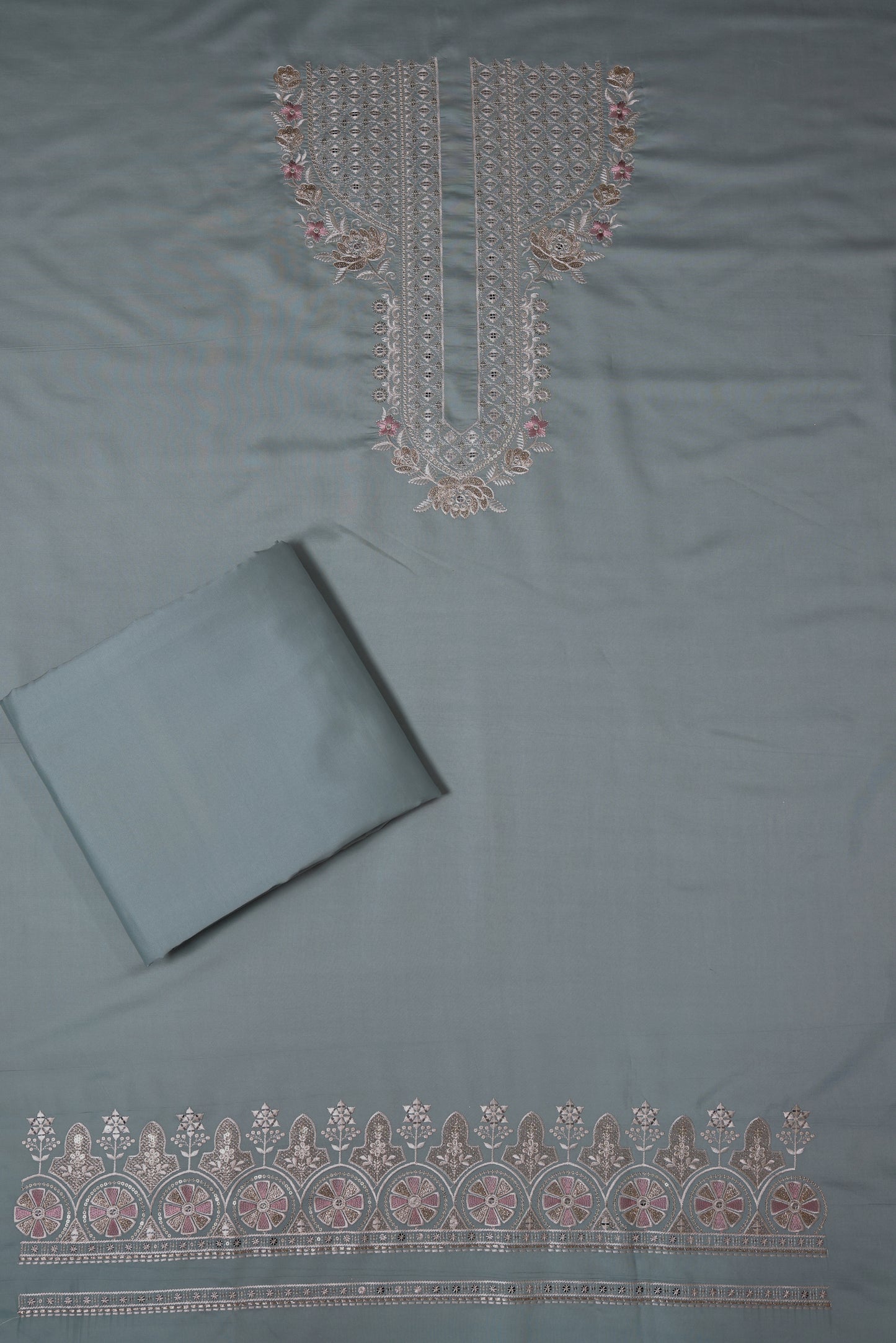 Unstitched Suit with Intricate White & Pink Thread Embroidery – Elegant Neck & Border Design
