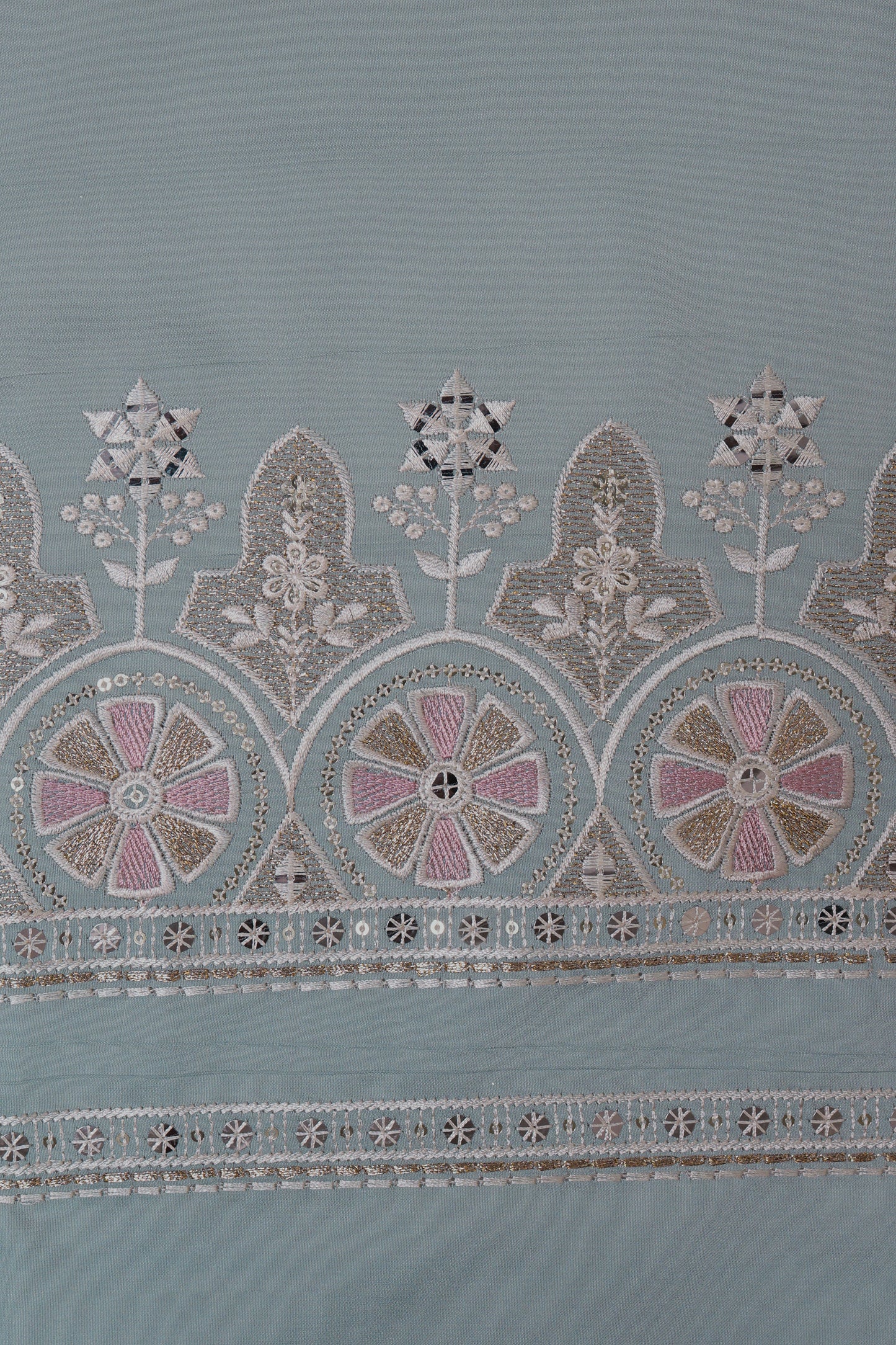 Unstitched Suit with Intricate White & Pink Thread Embroidery – Elegant Neck & Border Design