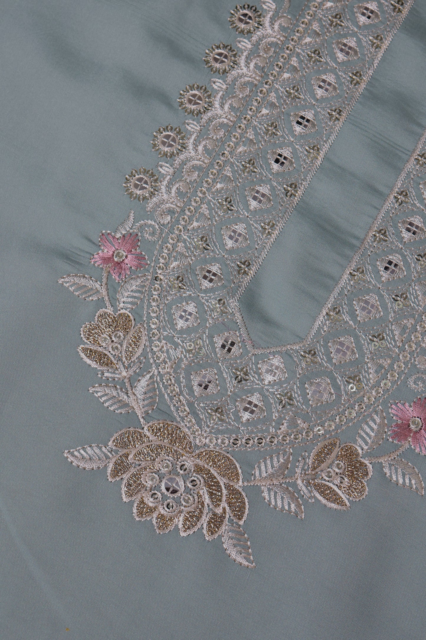 Unstitched Suit with Intricate White & Pink Thread Embroidery – Elegant Neck & Border Design
