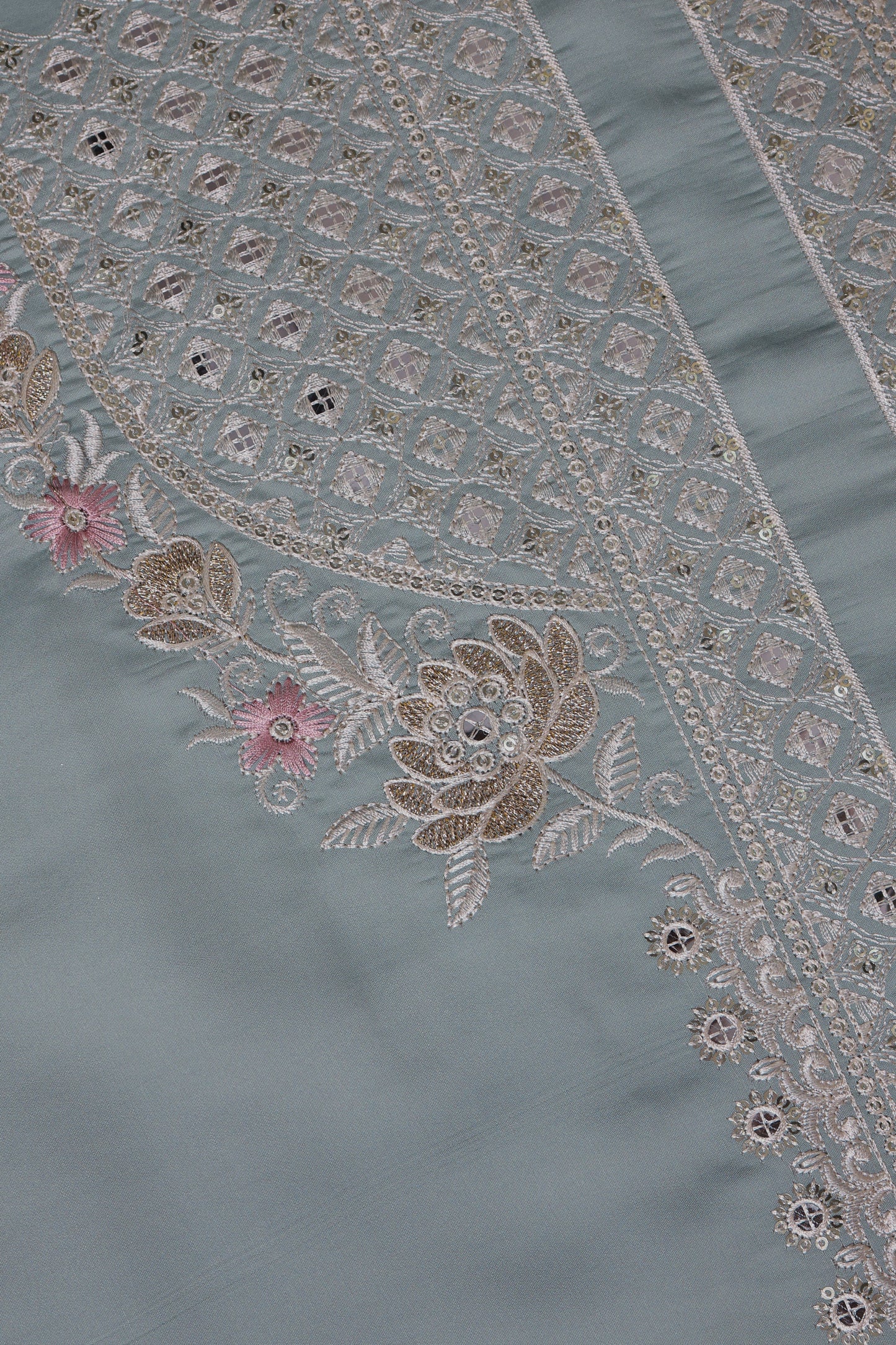 Unstitched Suit with Intricate White & Pink Thread Embroidery – Elegant Neck & Border Design