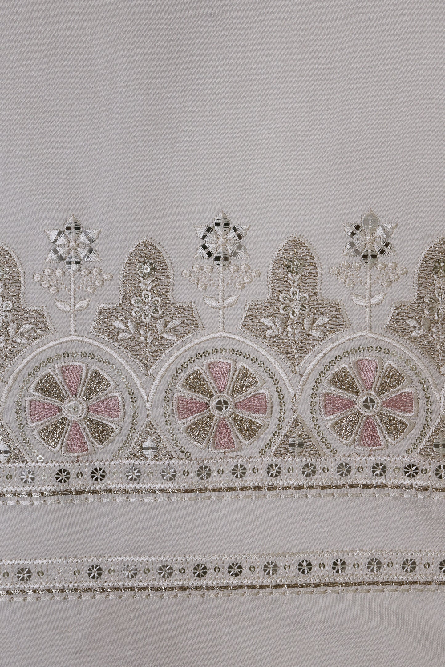 Unstitched Suit with Intricate White & Pink Thread Embroidery – Elegant Neck & Border Design
