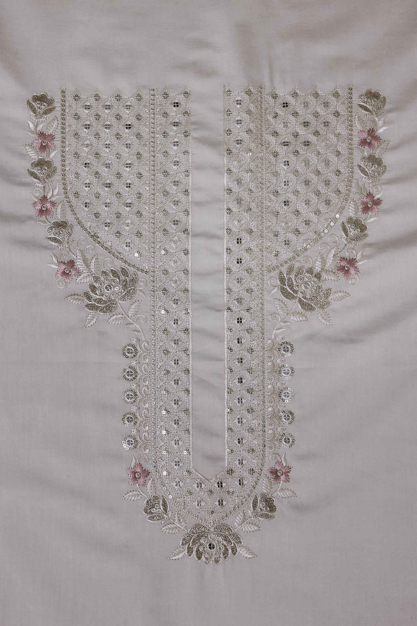 Unstitched Suit with Intricate White & Pink Thread Embroidery – Elegant Neck & Border Design