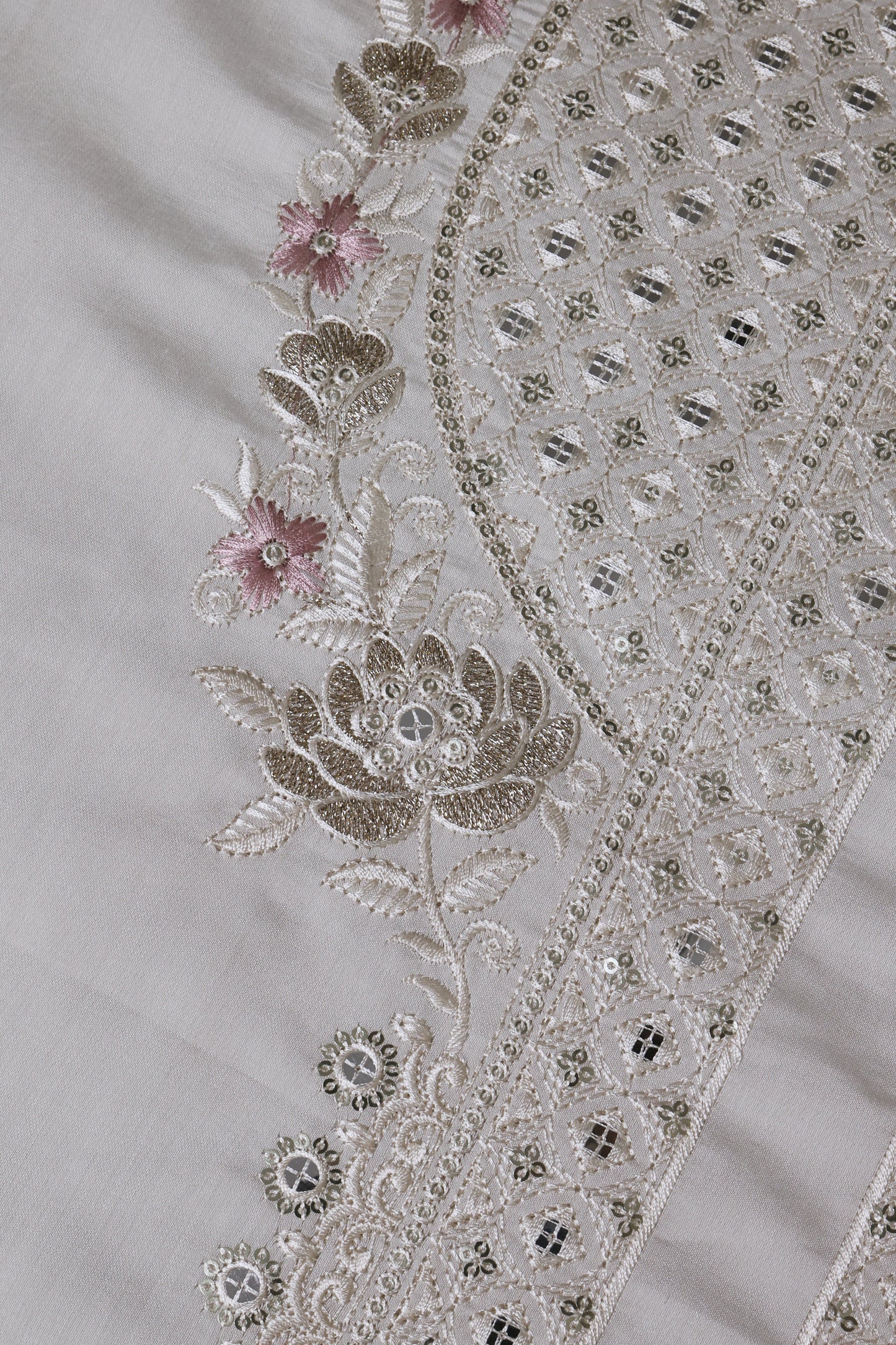 Unstitched Suit with Intricate White & Pink Thread Embroidery – Elegant Neck & Border Design