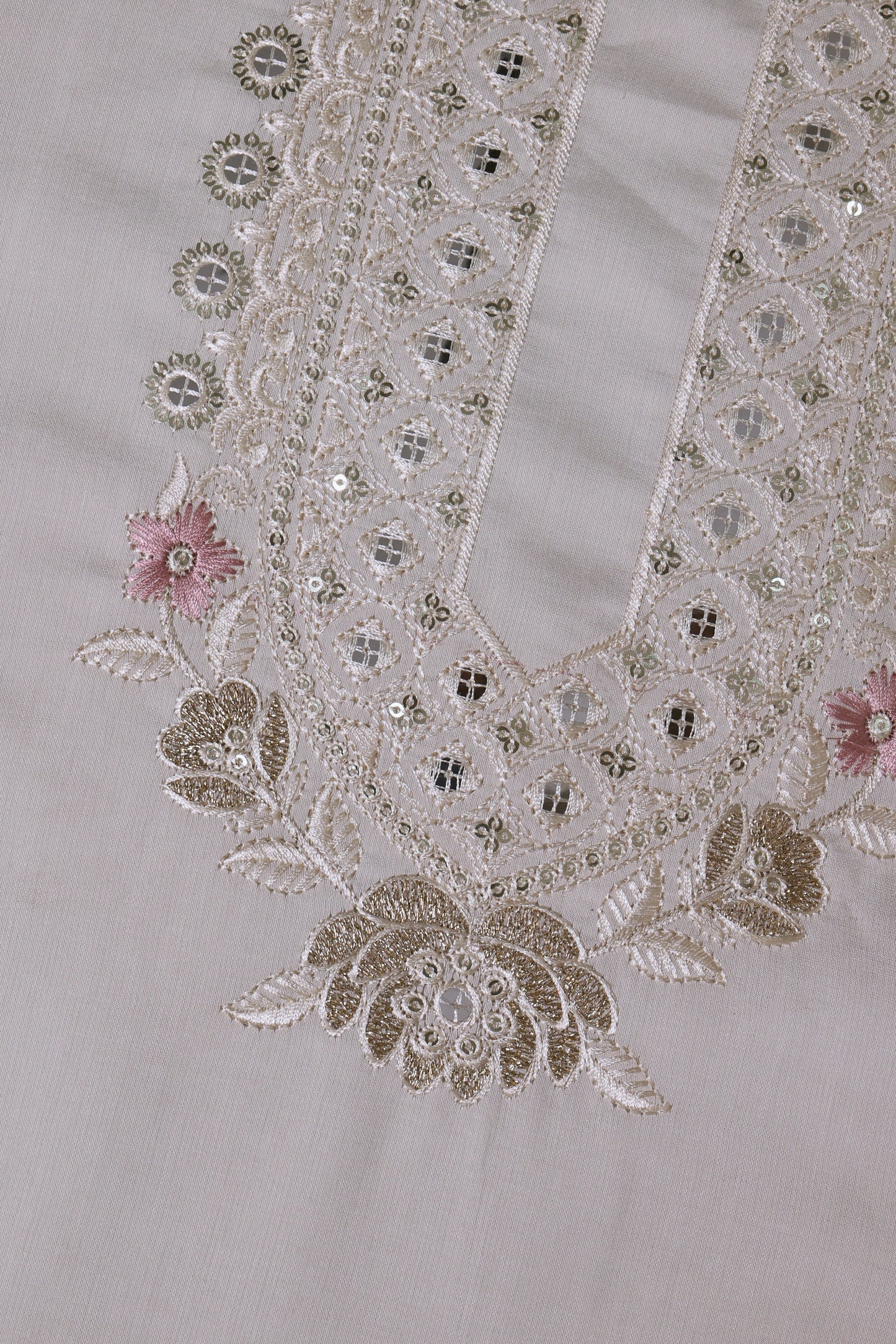 Unstitched Suit with Intricate White & Pink Thread Embroidery – Elegant Neck & Border Design