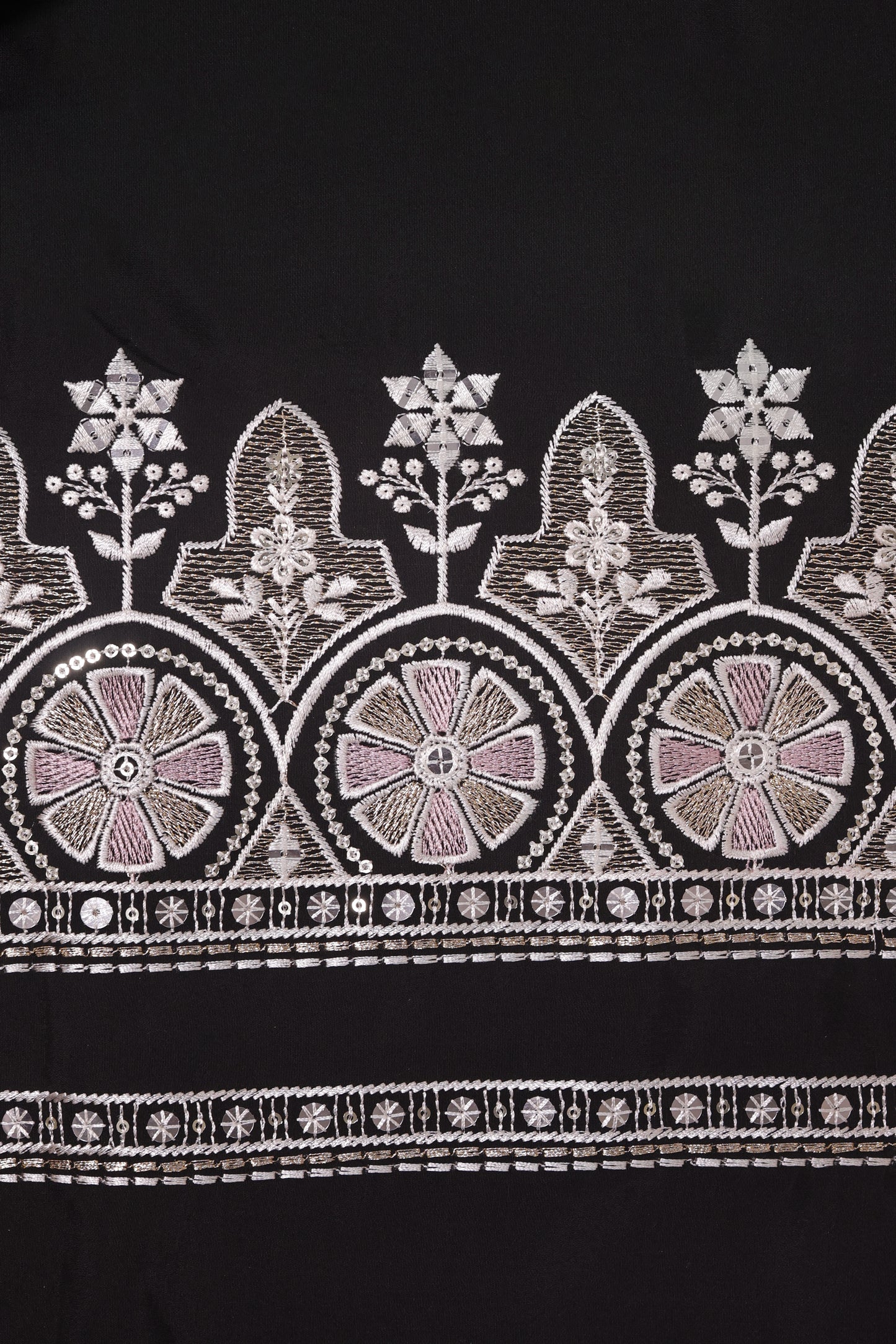 Unstitched Suit with Intricate White & Pink Thread Embroidery – Elegant Neck & Border Design