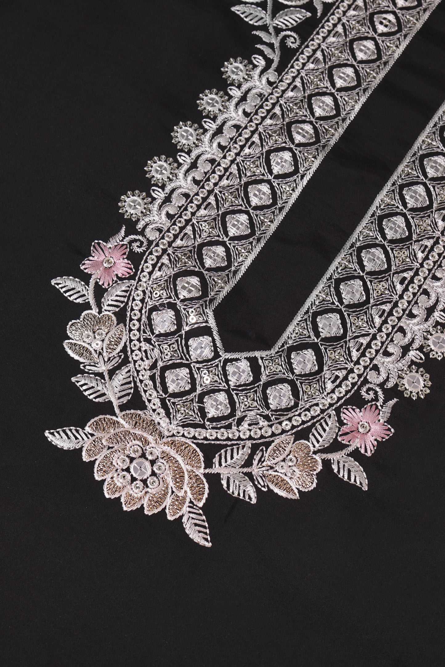 Unstitched Suit with Intricate White & Pink Thread Embroidery – Elegant Neck & Border Design