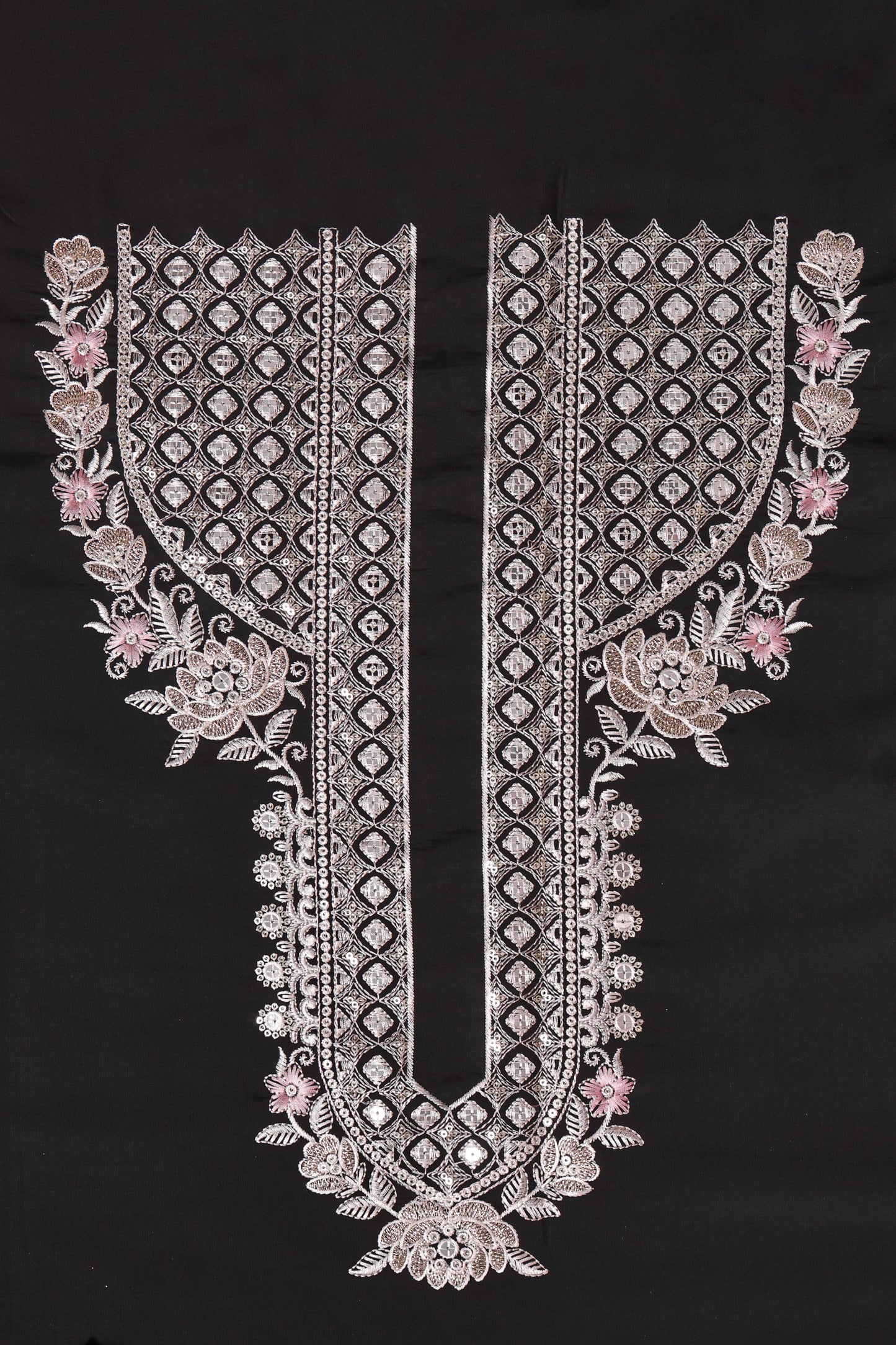 Unstitched Suit with Intricate White & Pink Thread Embroidery – Elegant Neck & Border Design