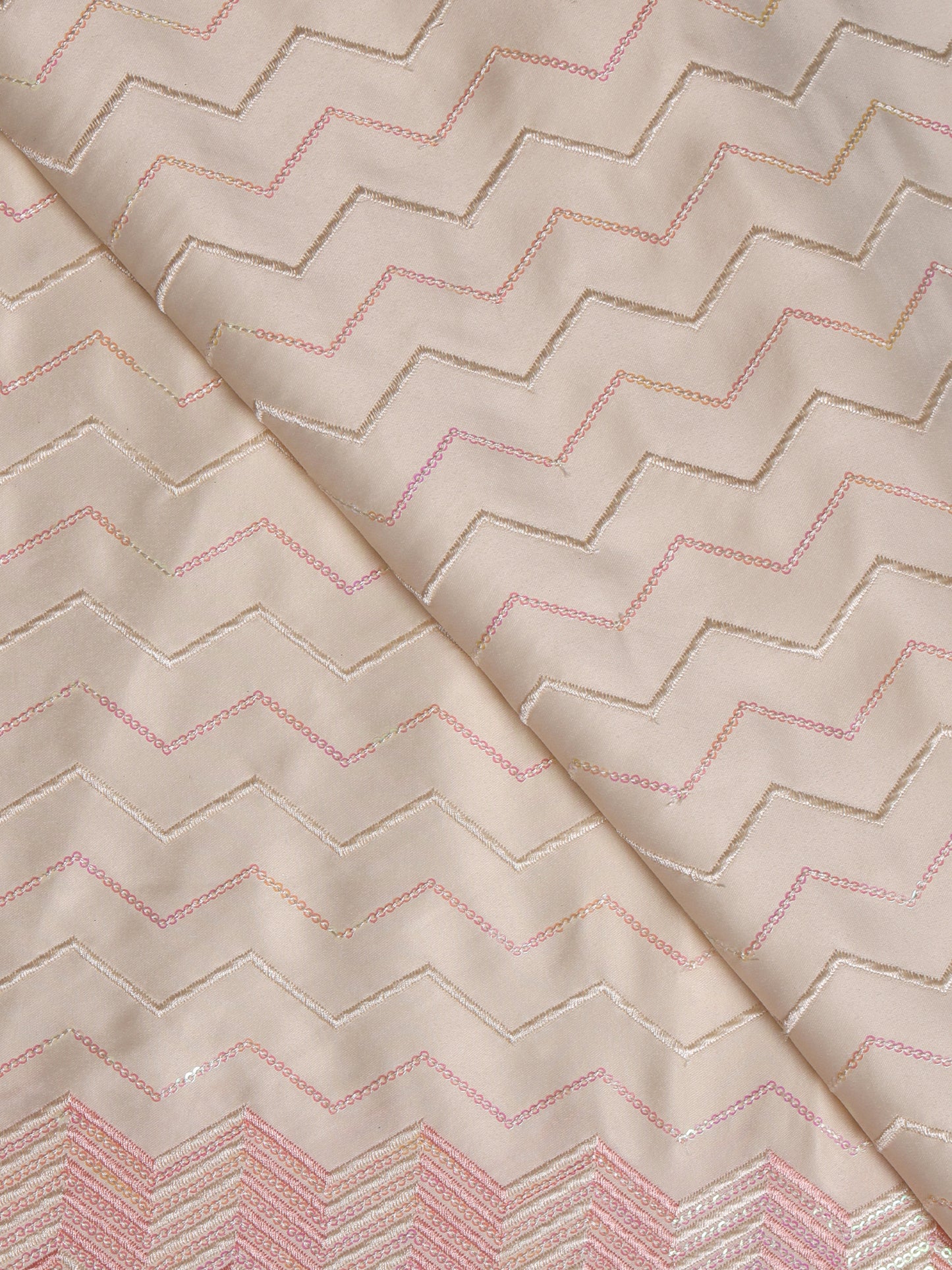 Cream with Red Zig-Zag Embroidery Silk Fabric