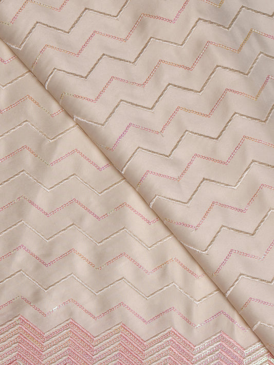 Cream with Red Zig-Zag Embroidery Silk Fabric