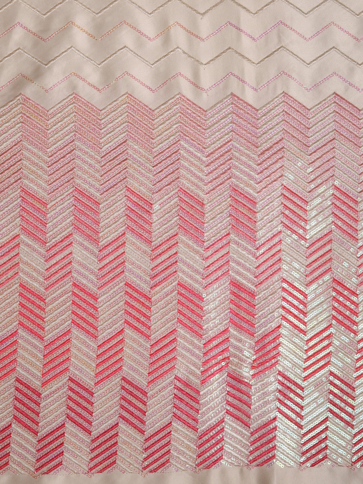 Cream with Red Zig-Zag Embroidery Silk Fabric
