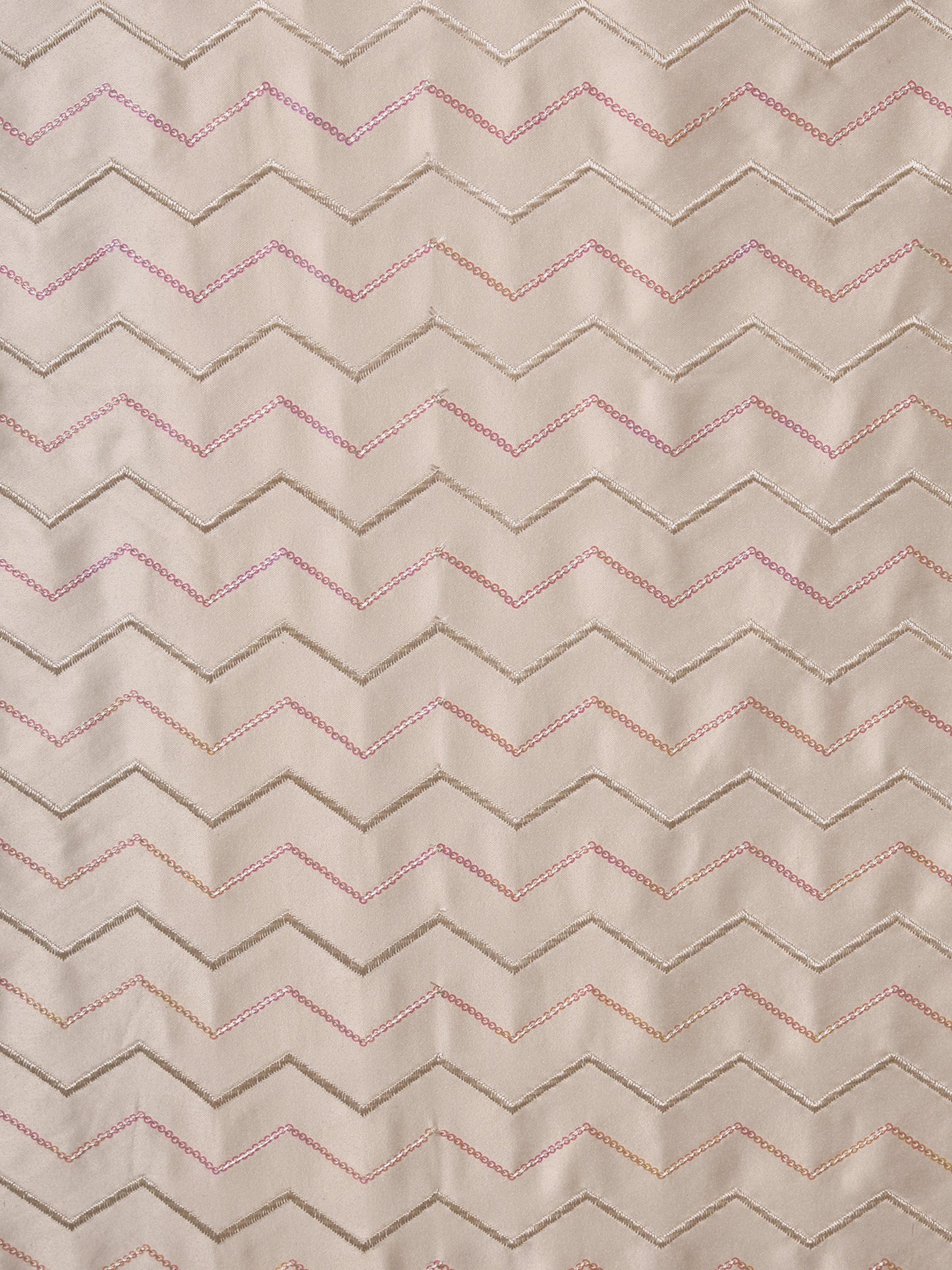 Cream with Red Zig-Zag Embroidery Silk Fabric