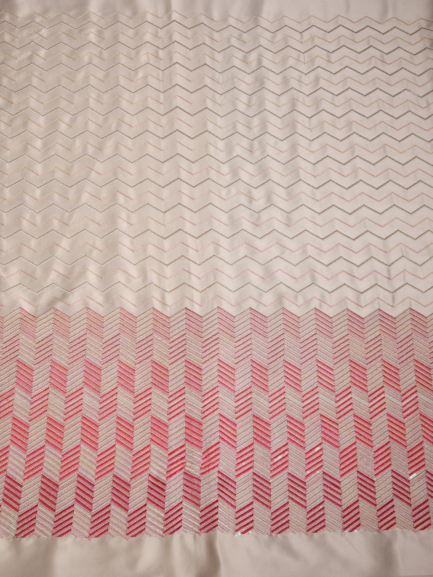 Cream with Red Zig-Zag Embroidery Silk Fabric