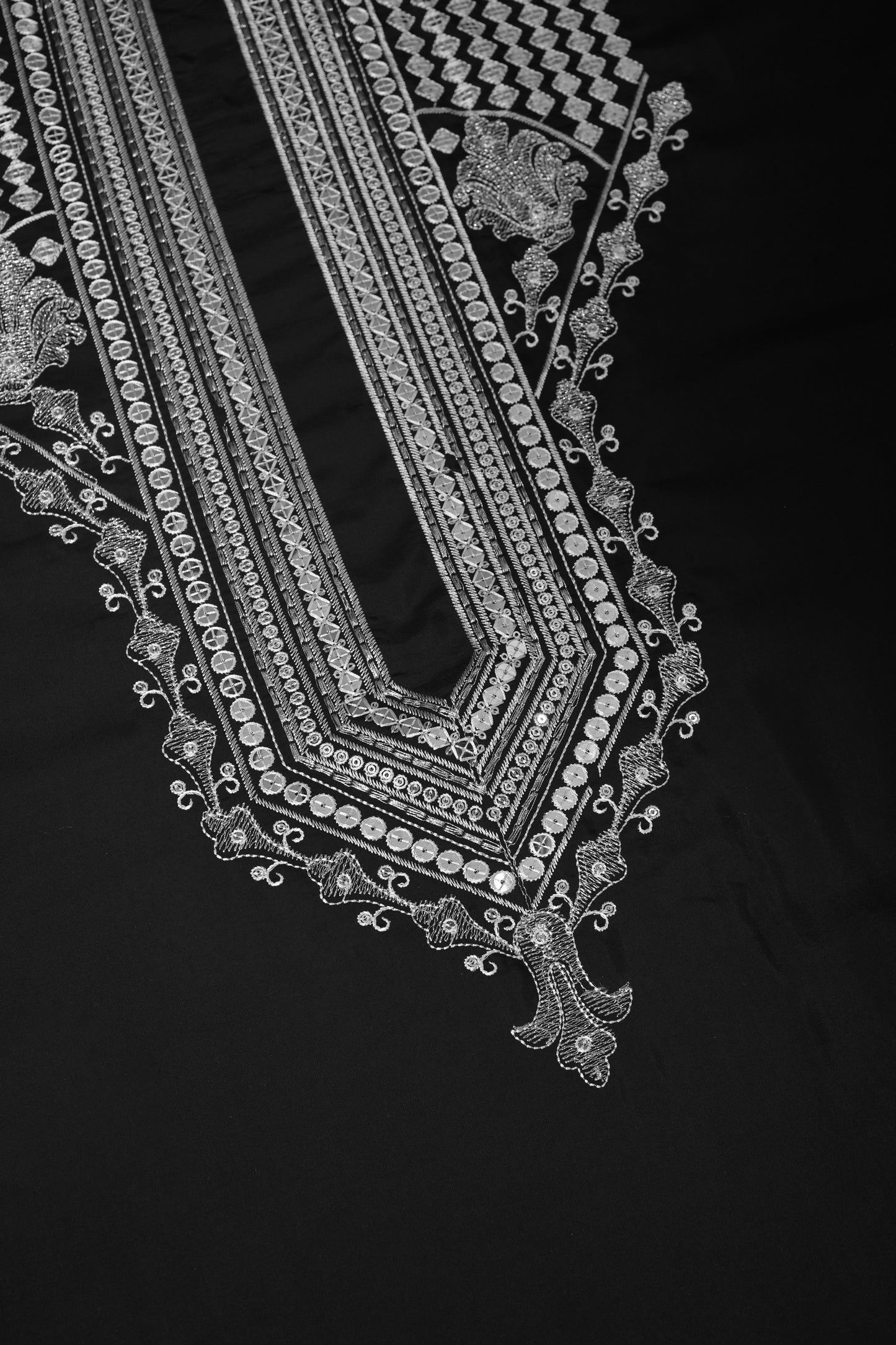 Thread & Sequin Neck Panel on Roman Silk