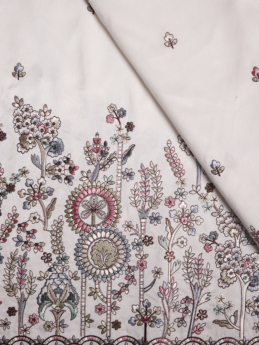 Delicate Garden-Inspired Multicolor Floral Embroidered Viscose Silk Fabric