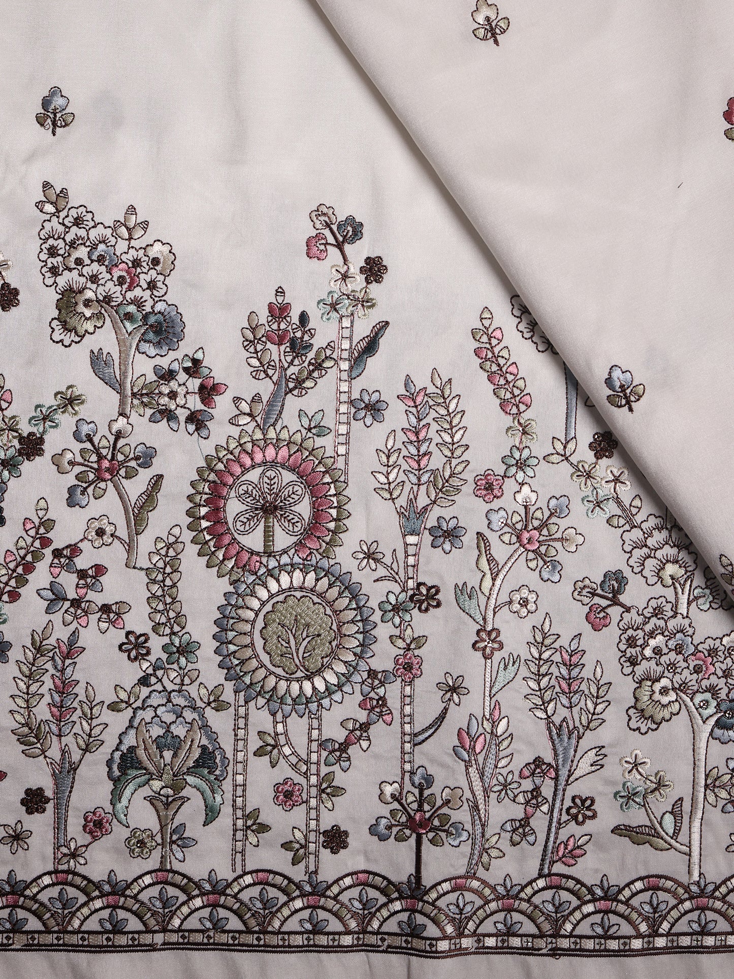 Delicate Garden-Inspired Multicolor Floral Embroidered Viscose Silk Fabric
