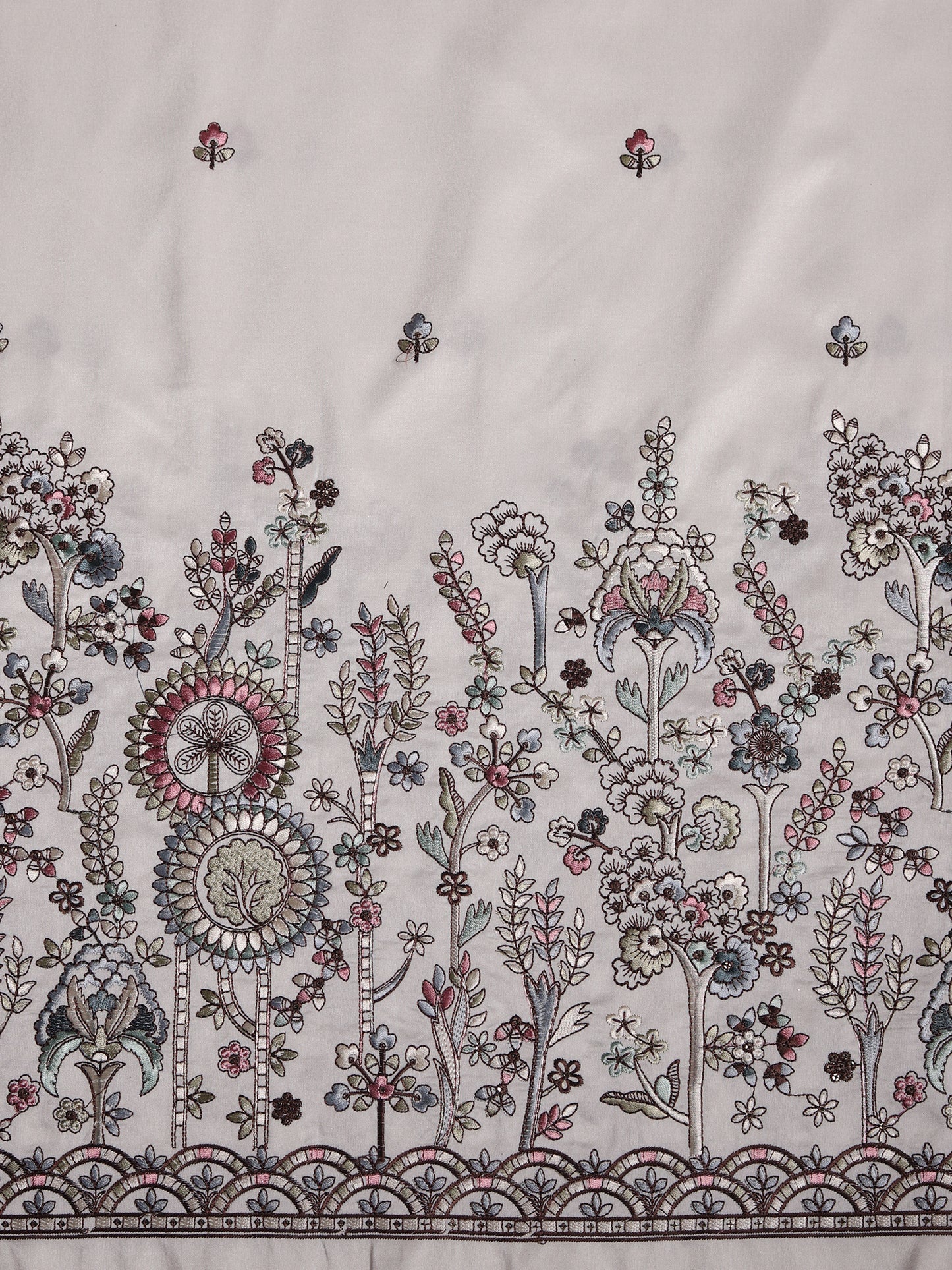 Delicate Garden-Inspired Multicolor Floral Embroidered Viscose Silk Fabric