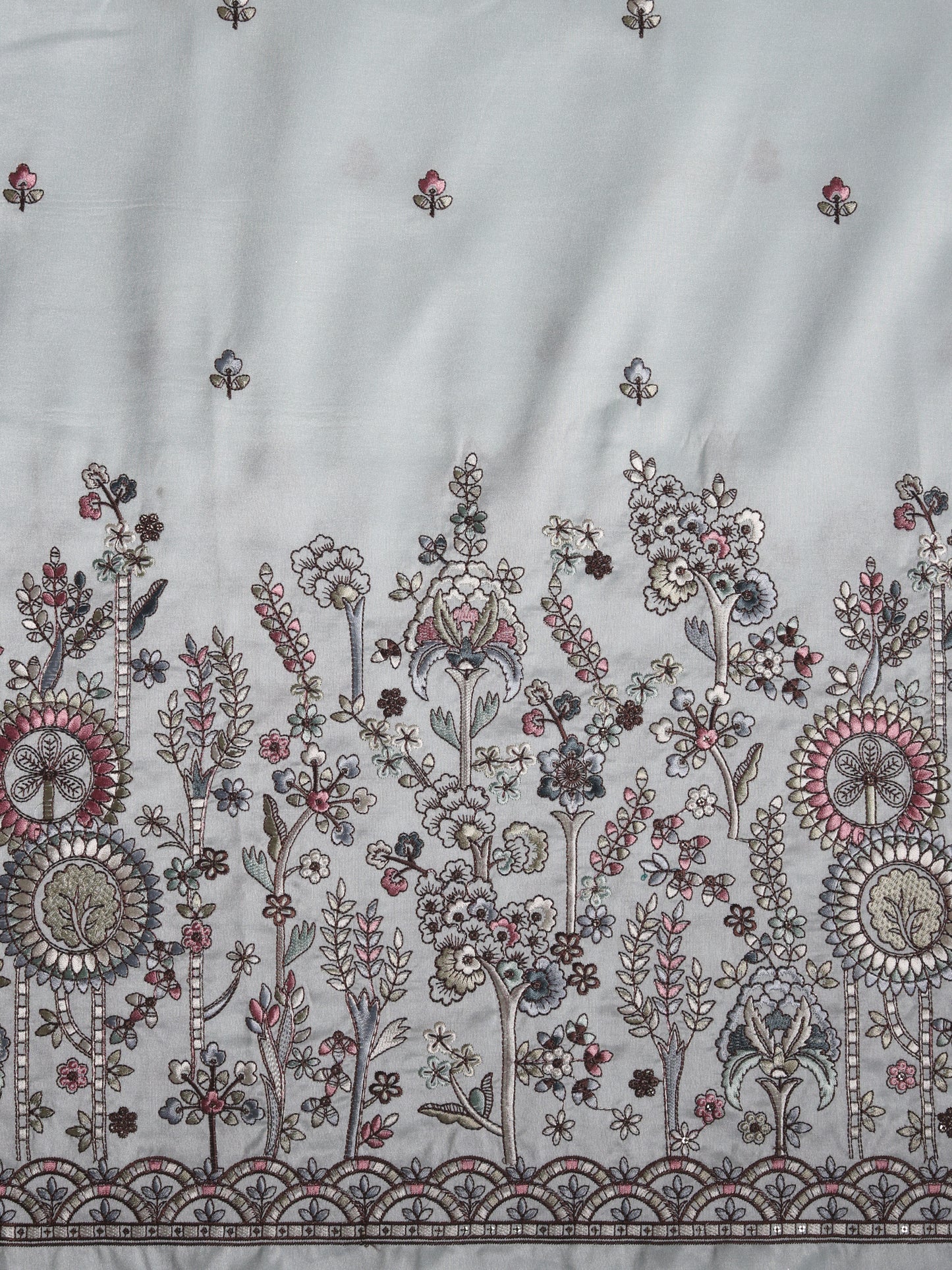 Delicate Garden-Inspired Multicolor Floral Embroidered Viscose Silk Fabric